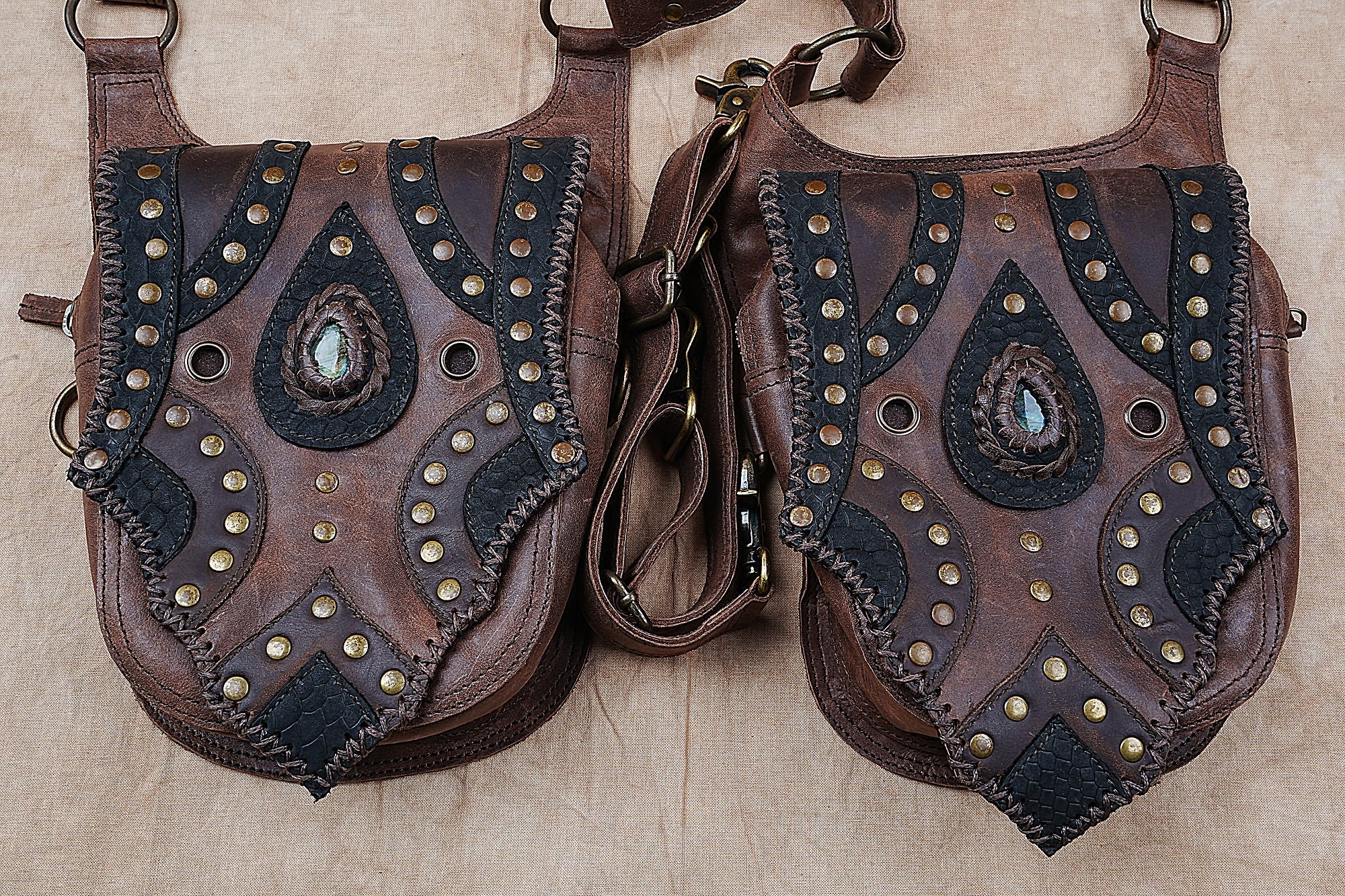 Gemstone-decorated leather holster belt for travel and festivals