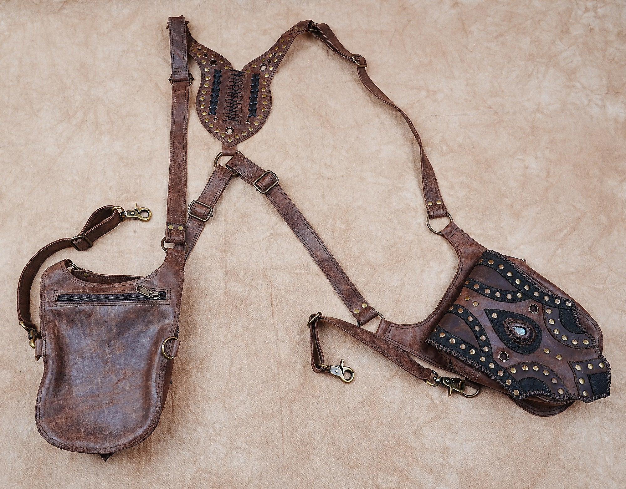 Rugged handmade leather holster with artistic detailing