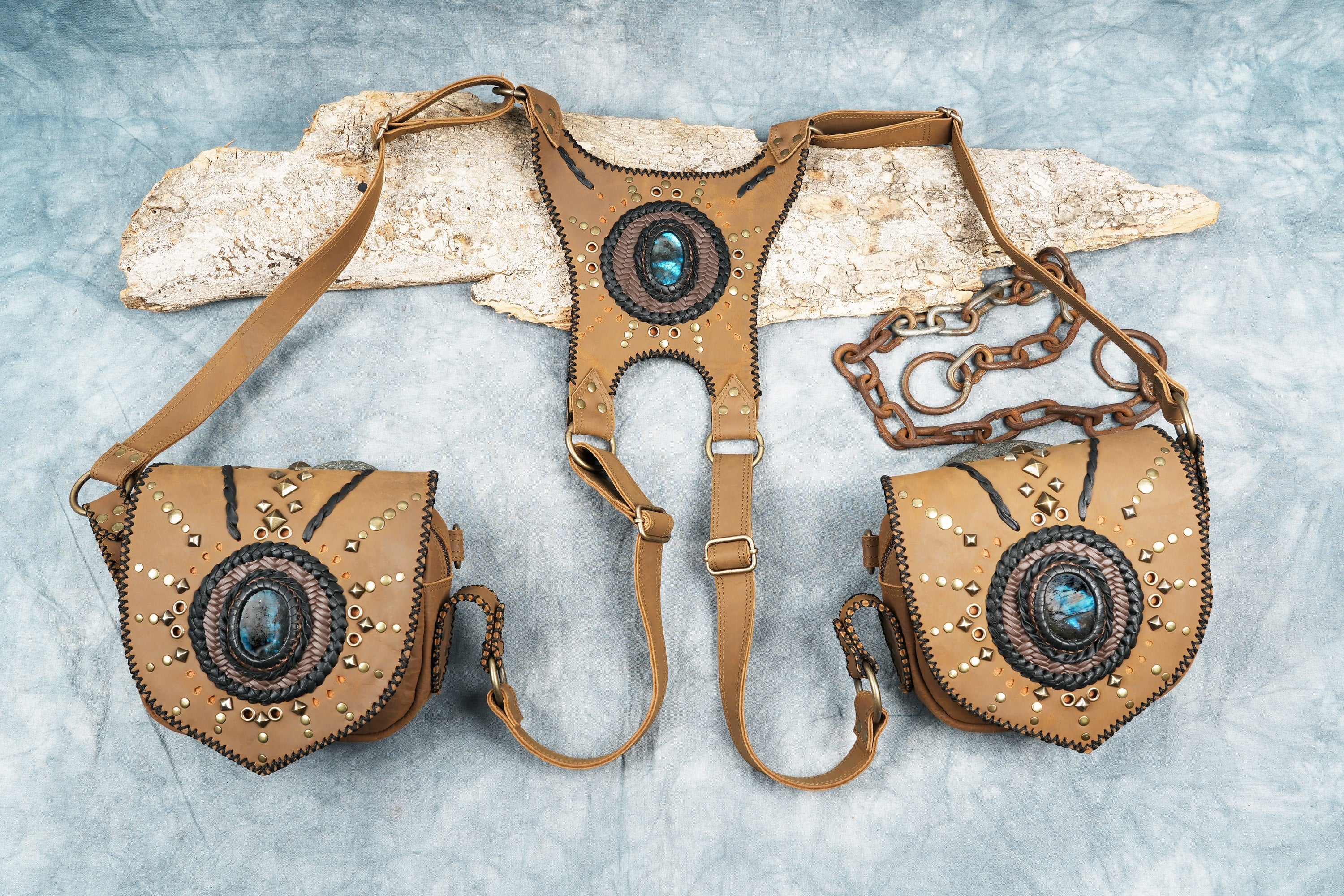 Black Leather Dual Holster Harness with Gemstone Inlay || Steampunk Leather Harness with Gem Decor and Dual Pouches (LT/AB/HLS/6098)