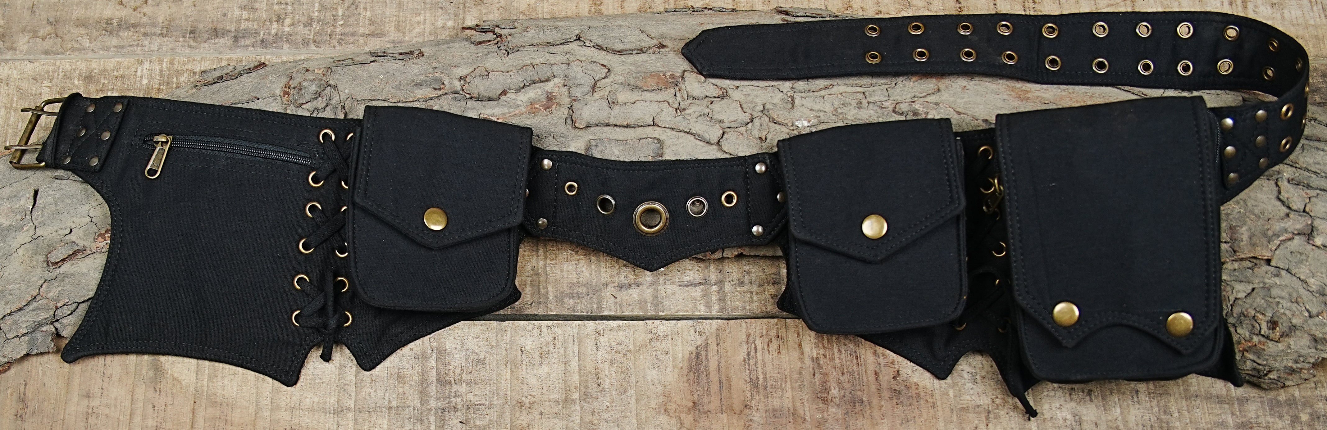 Pixie hem festival pocket belt with side lacing and brass button flaps