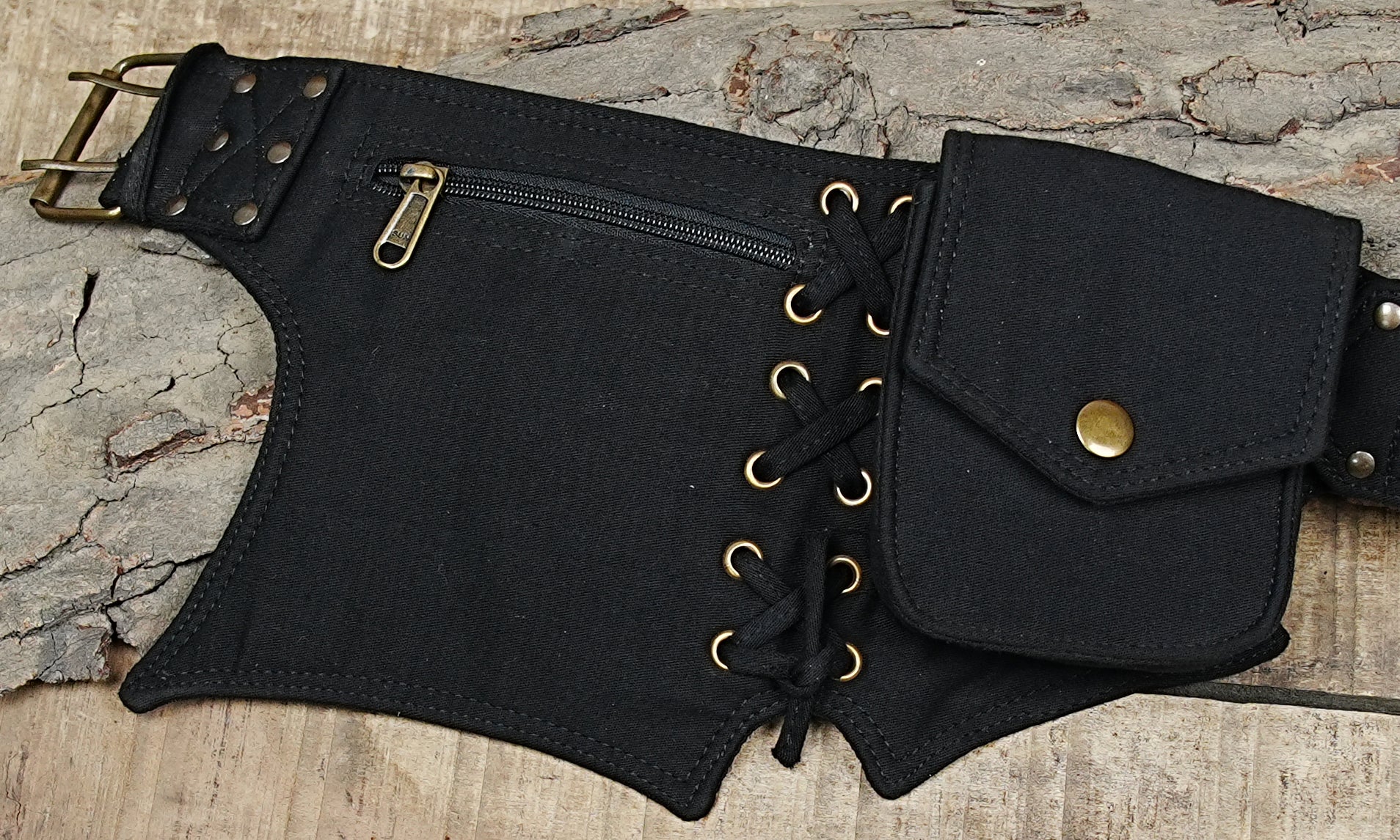 Gothic fairy pocket belt in black cotton canvas with corset side ties
