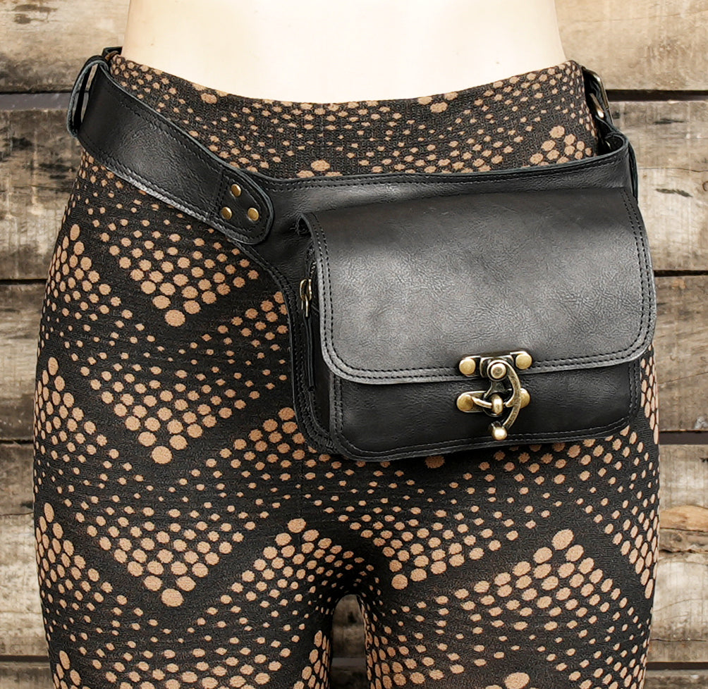 Black leather utility hip belt with secure clasp pocket