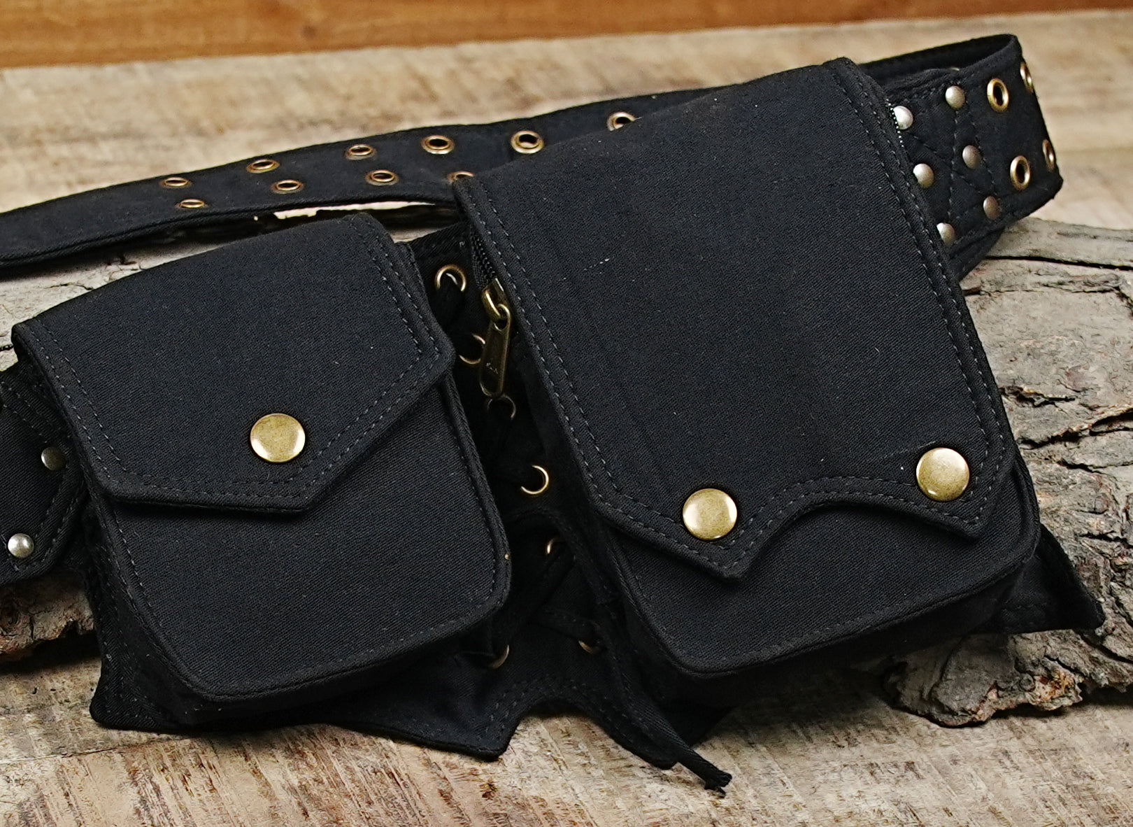 Alternative tribal hip pouch with lace-up detail and multiple utility pockets