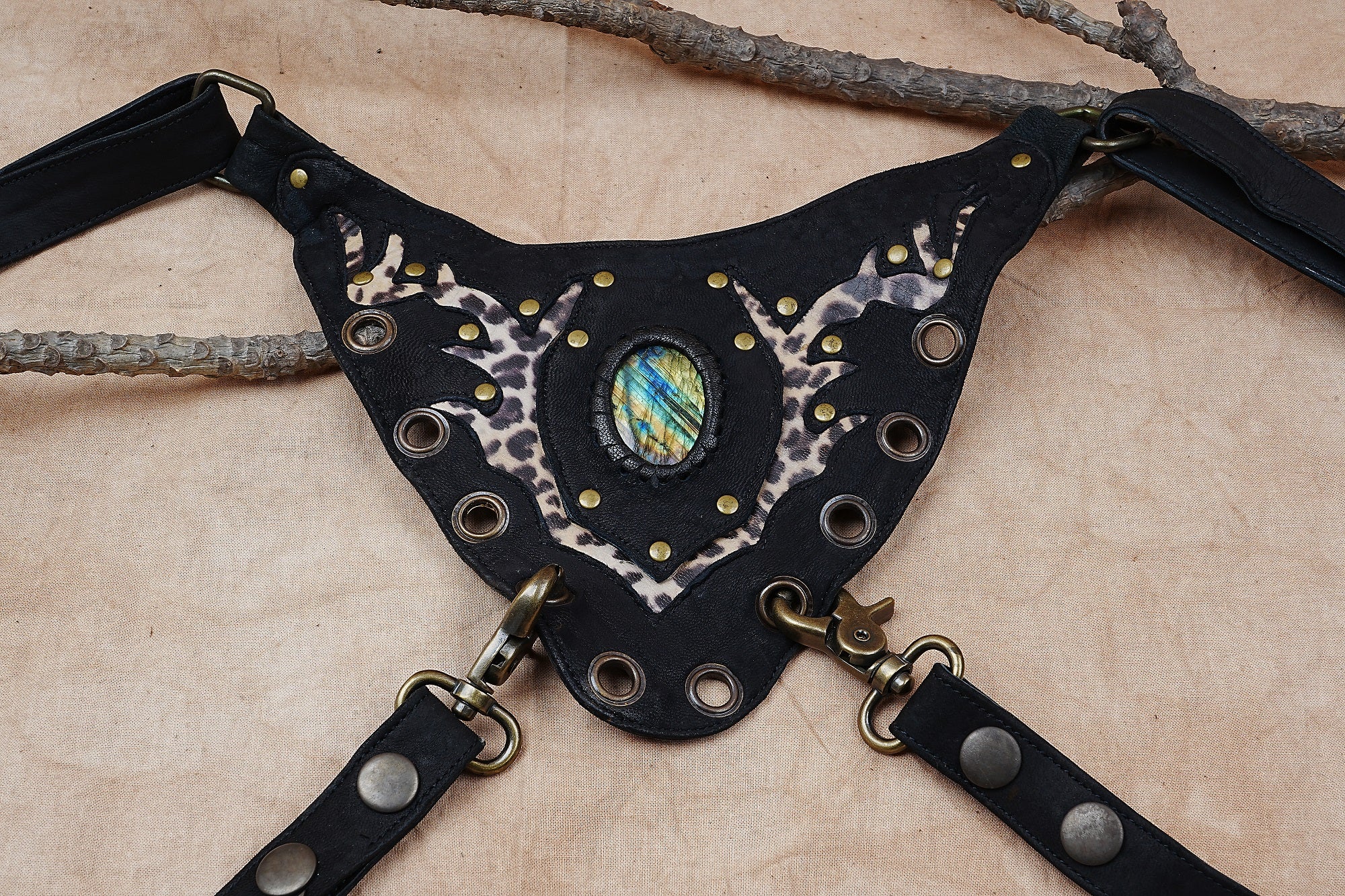 Steampunk leather holster belt with decorative gem centerpiece