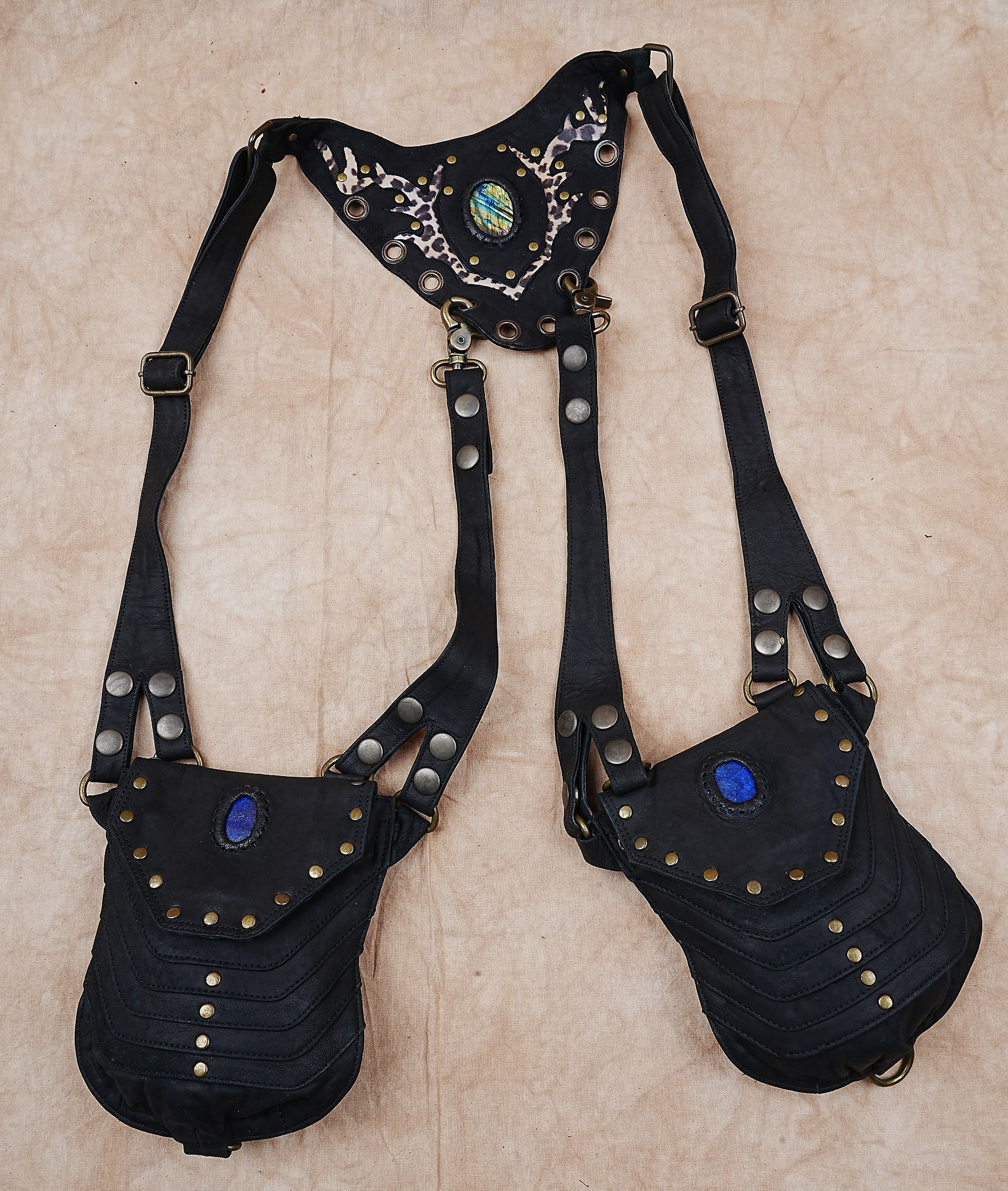 Tribal inspired leather harness with stone embellishments