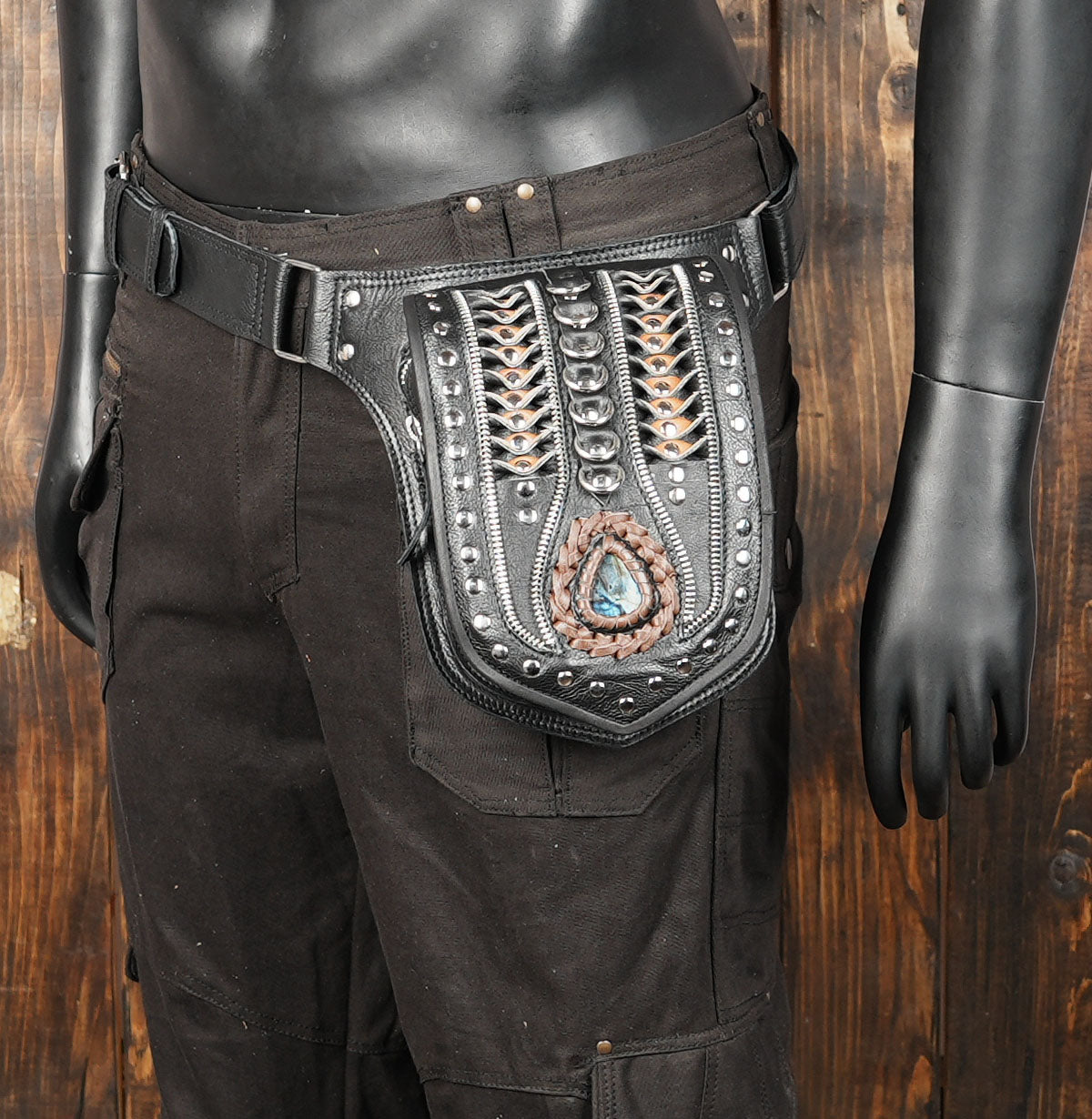 Handmade Leather Belt Bag: Gemstone Fanny Pack, Boho Festival Style steel metal 
