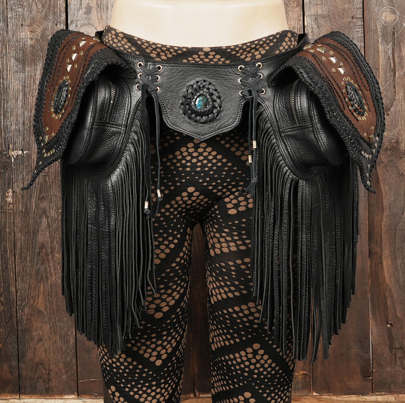 Gypsy style leather waist belt with braided details and studded gemstone panels