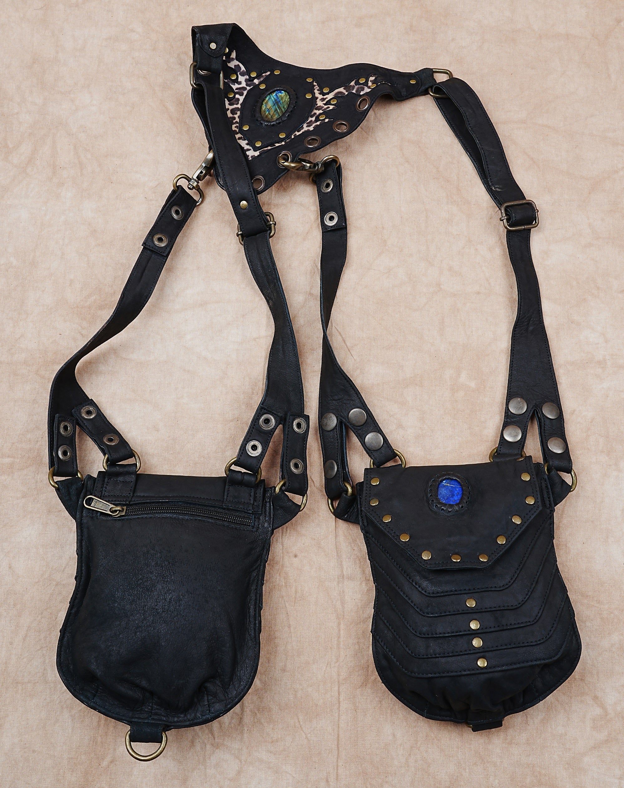Boho style leather belt with pouch holsters and studs