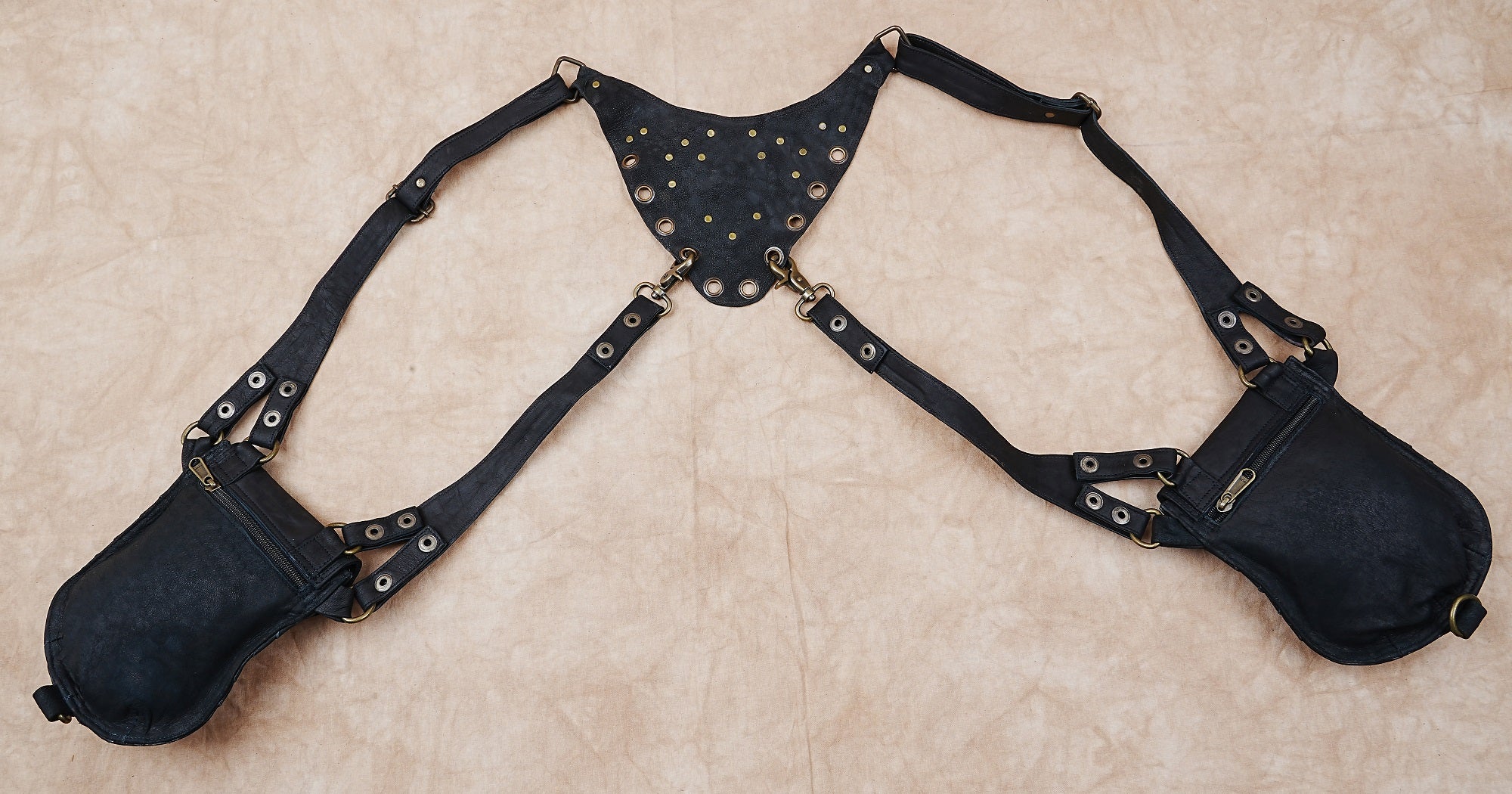 Black leather dual holster belt with gemstone details || Steampunk Leather Harness (LT-AB-HLS-6091)