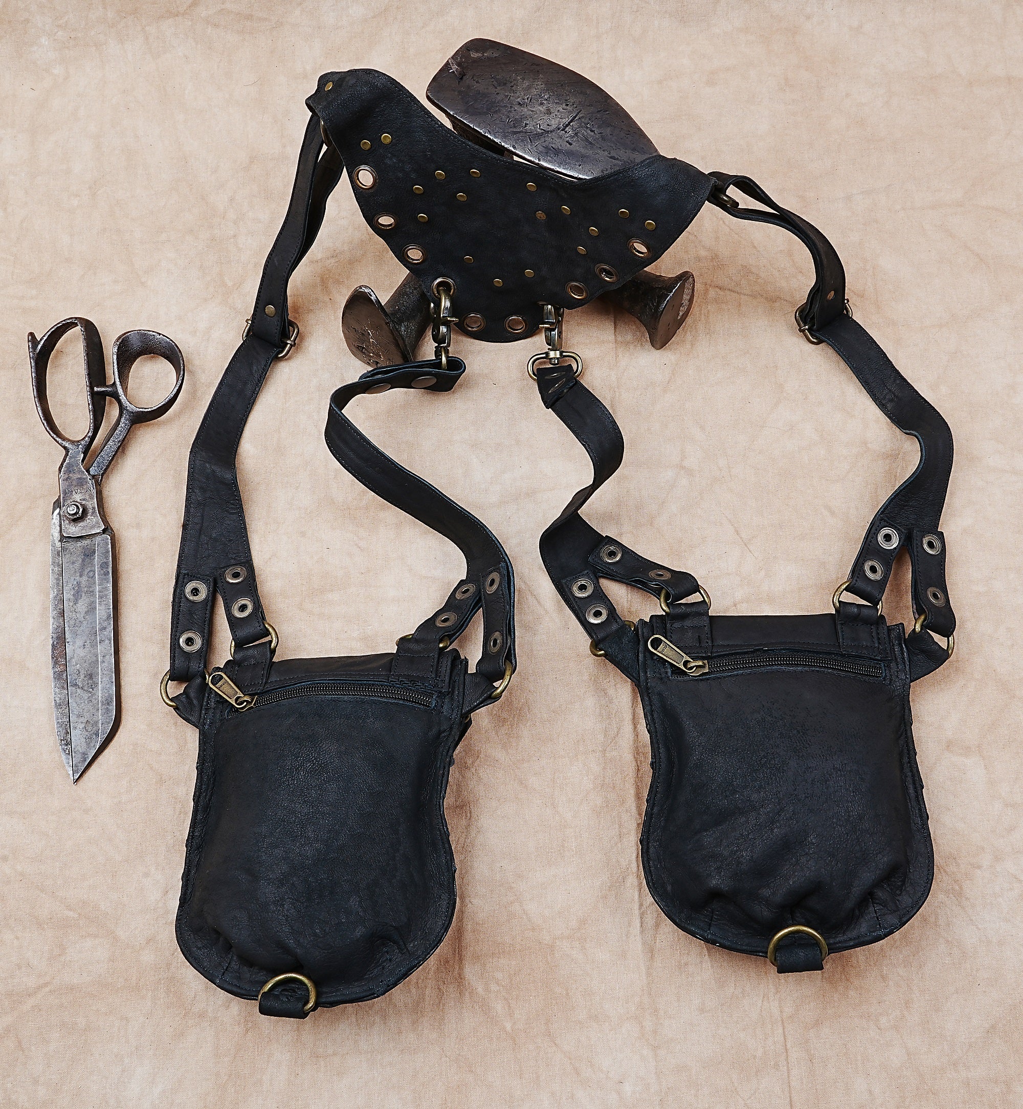 Handcrafted leather harness with decorative gemstone panels