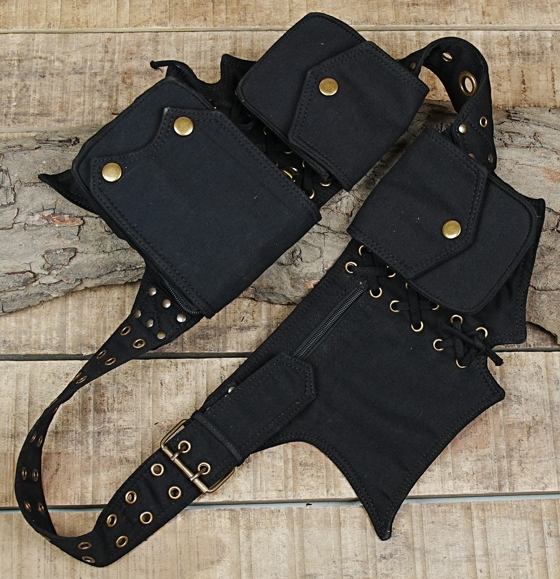 Bohemian utility belt pouch in durable black cotton for concerts and raves