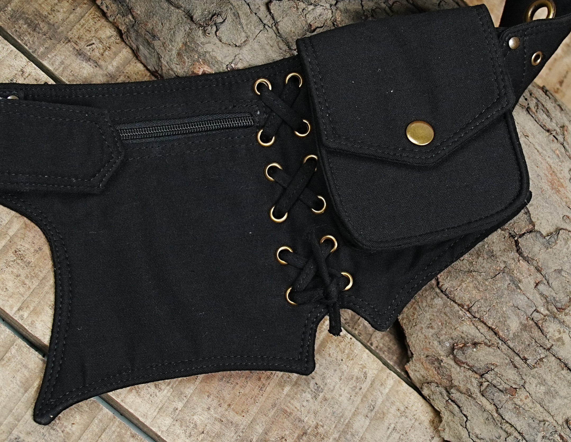 Steampunk canvas utility waist pack with adjustable eyelet belt and brass snaps