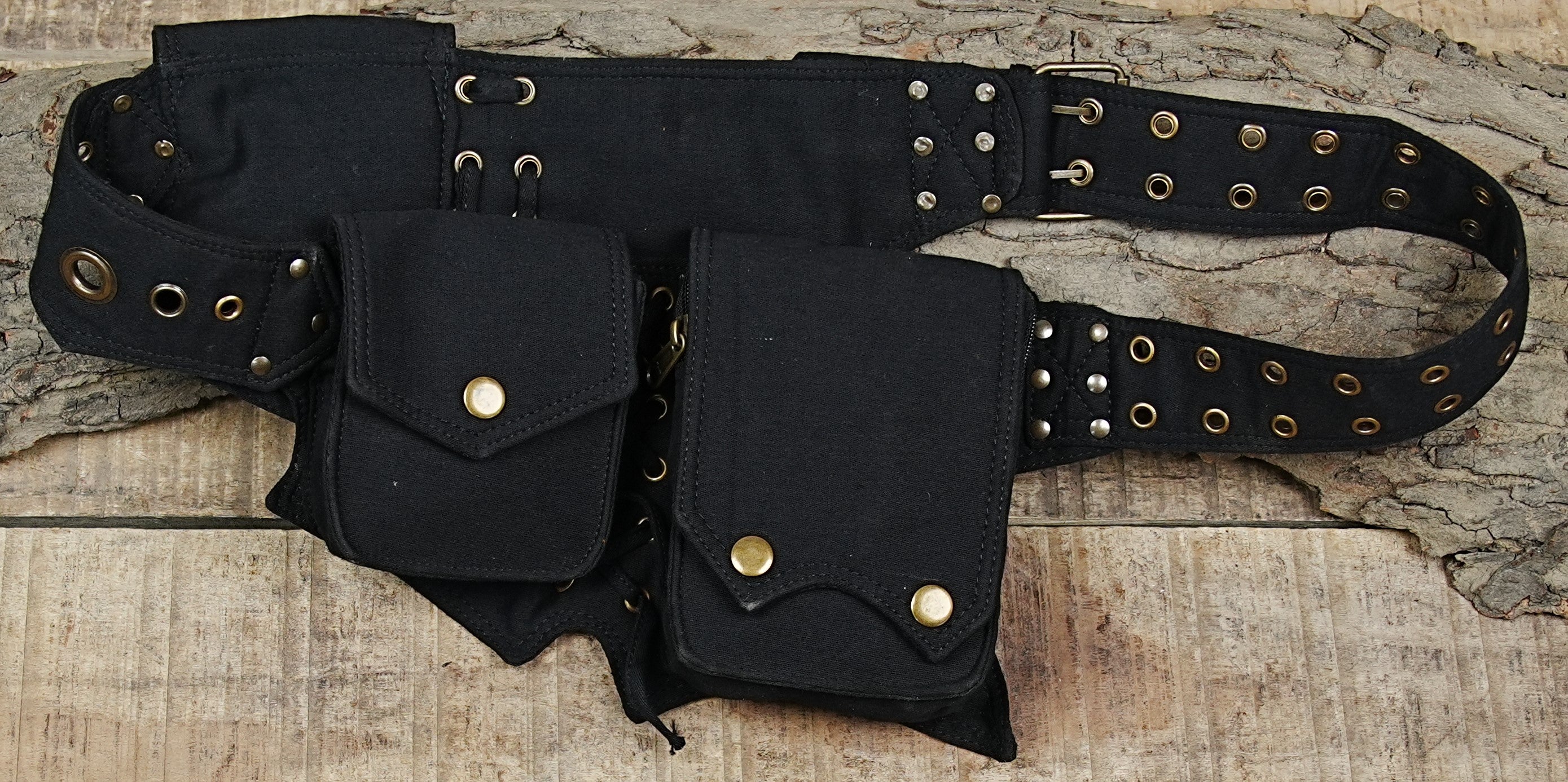 Hands-free travel pocket belt in black canvas with secure zip and snap pouches