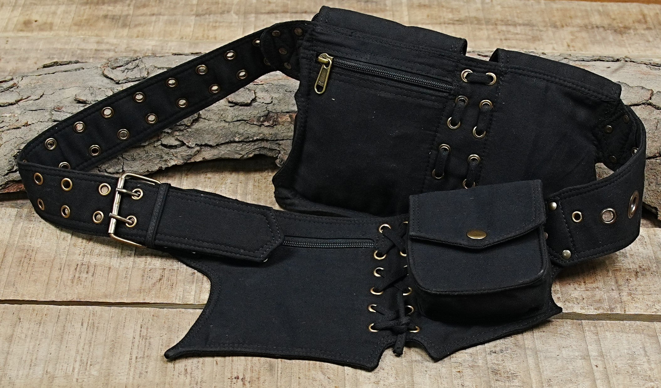 Unisex black canvas bum bag with brass grommets and pointed fairy edges