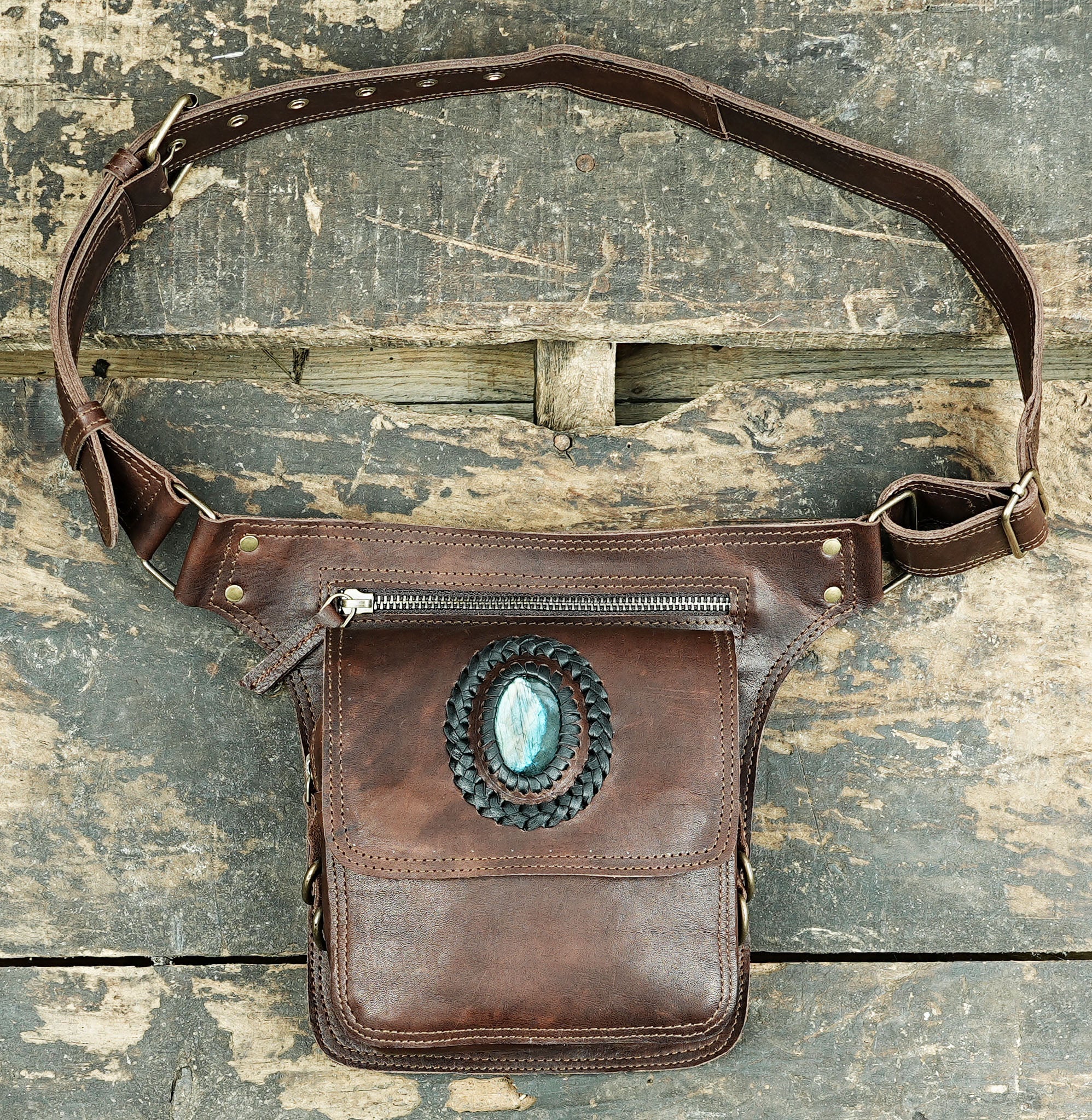 Handmade Brown Leather Waist Belt – Utility Bag with Gemstone Accent (LT-AB-WB-6021)