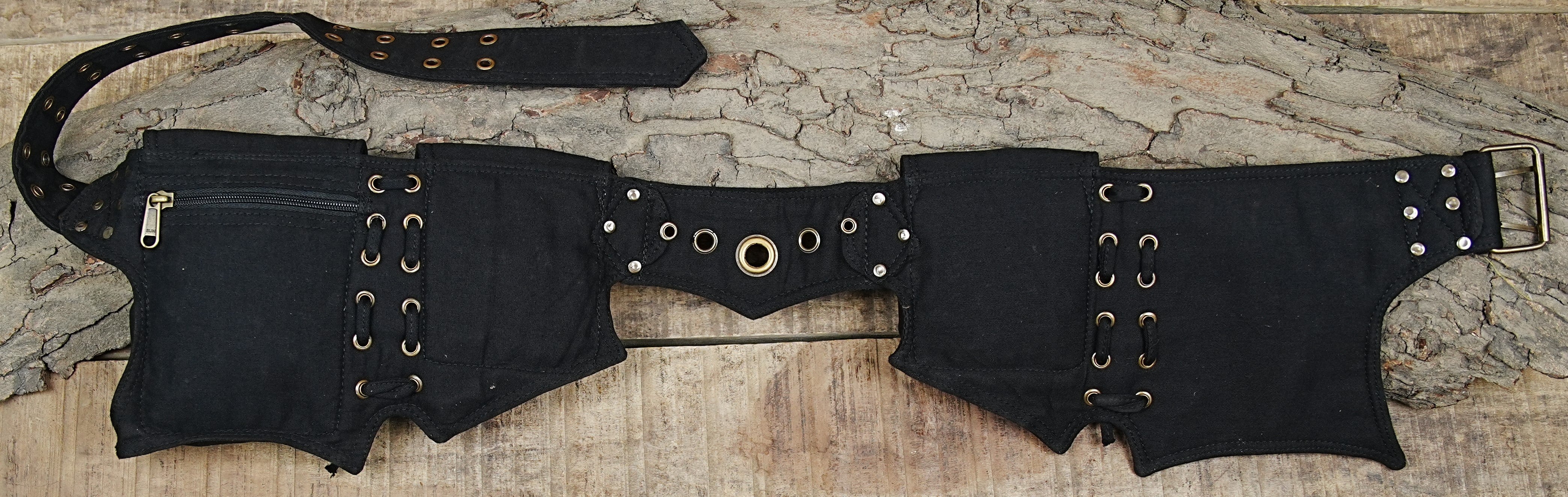 Festival money belt with multiple flap compartments and double-grommet strap