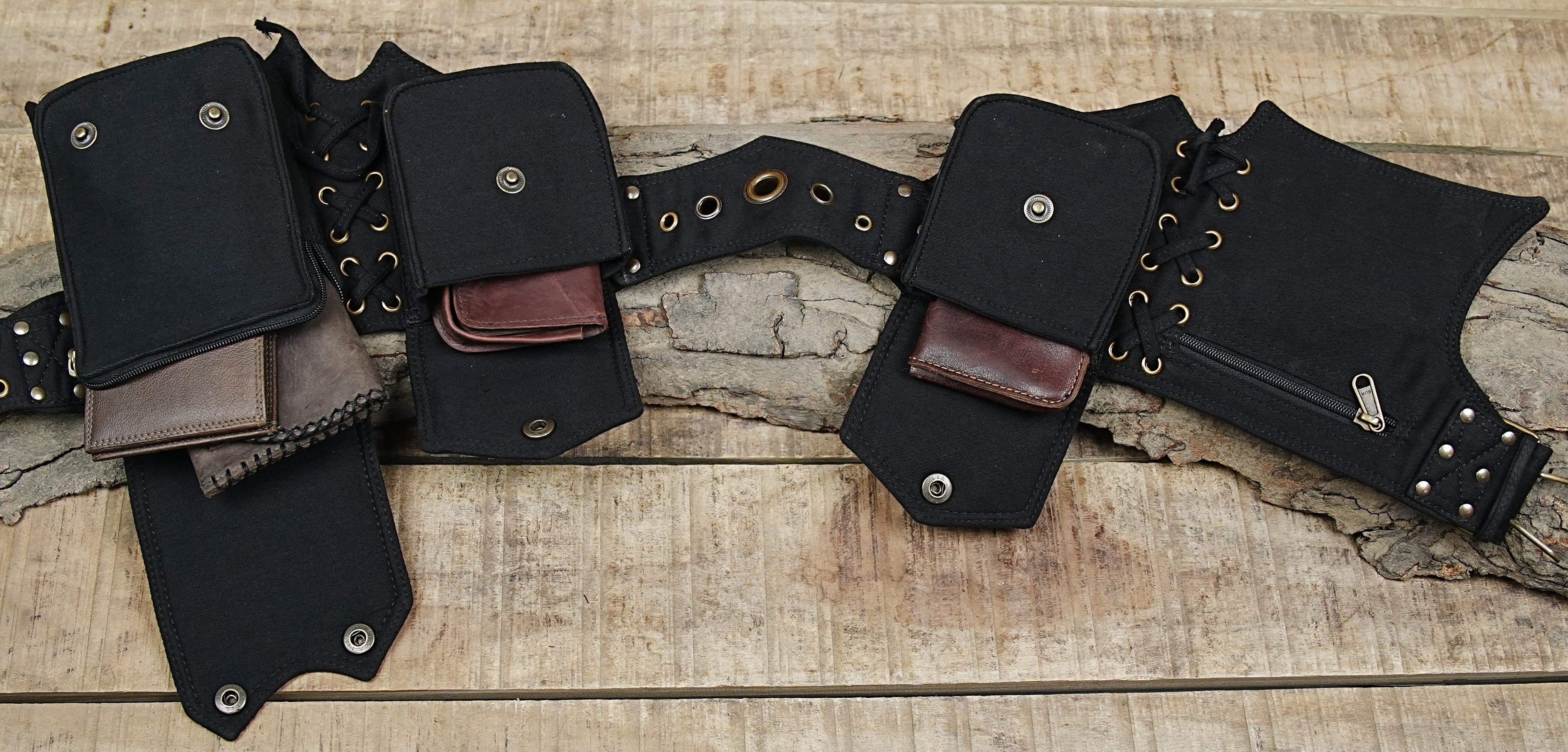 Renaissance fair pocket belt in black canvas with lace-up side accents