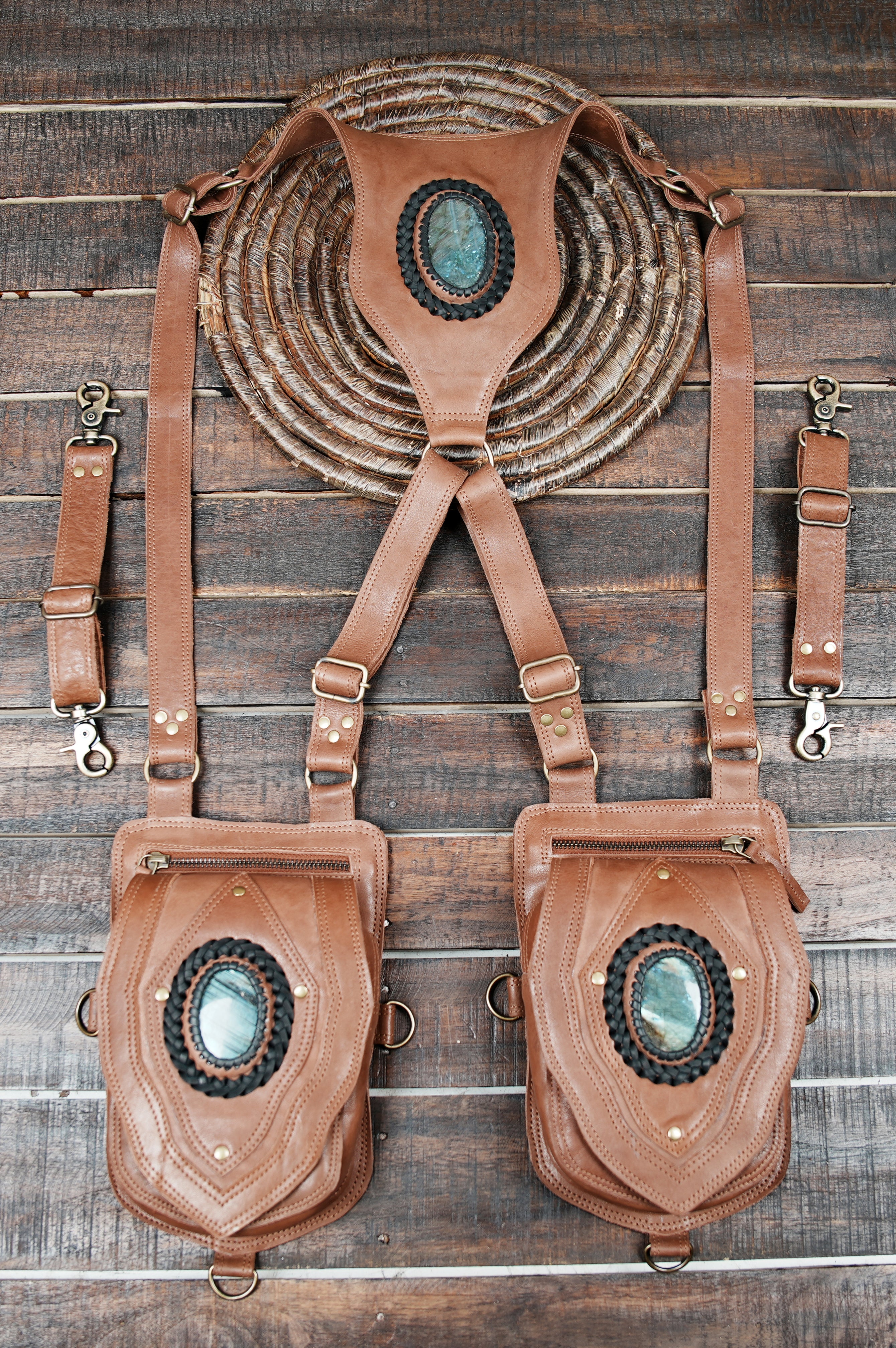 Handmade Leather Holster Belt with Labradorite Gemstone | Dark Brown Dual Pocket Harness | Unisex Festival Bag | Festival Utility Belt | with unique design 
