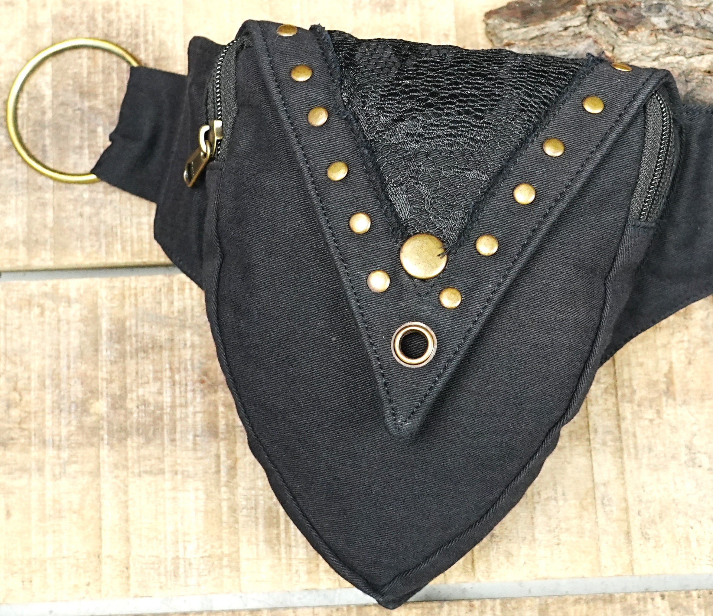 Pixie fairy pocket belt with pointed flaps and metal stud borders