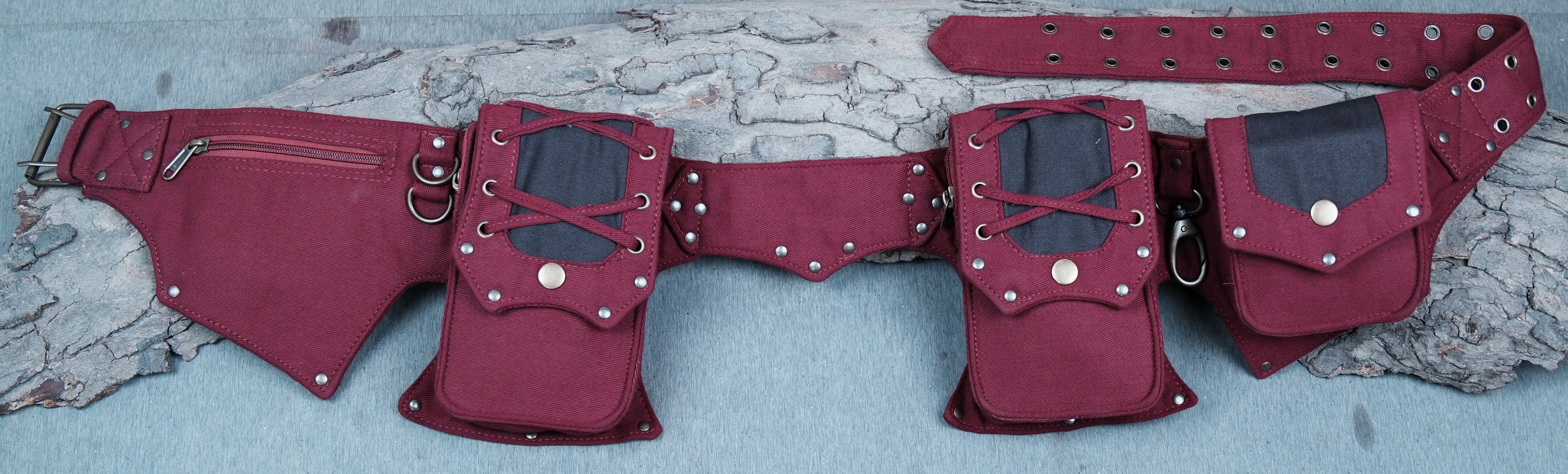 Modular festival waist pouch with corset lacing and brass ring details