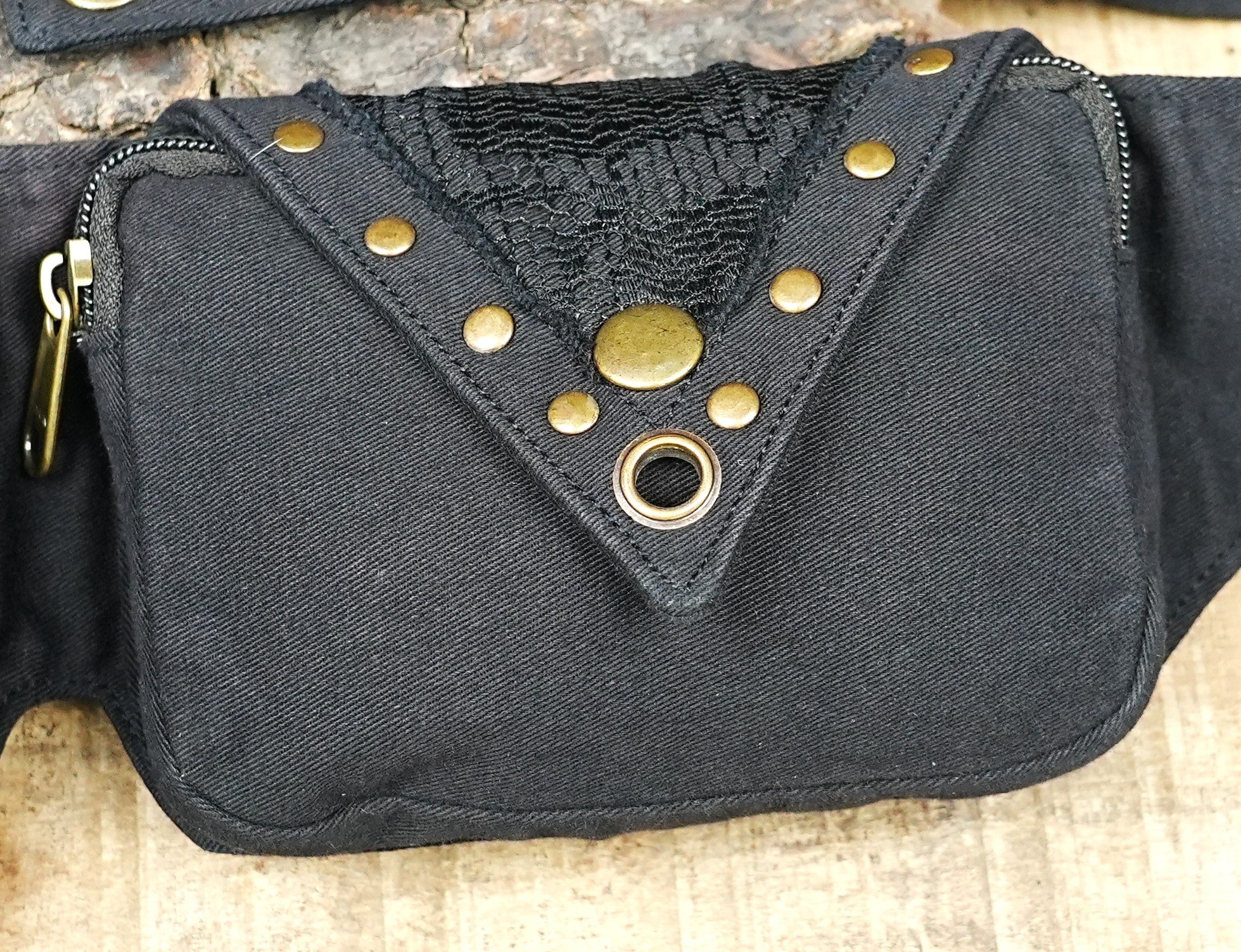 Steampunk hip pouch with antique brass rings and adjustable grommet strap