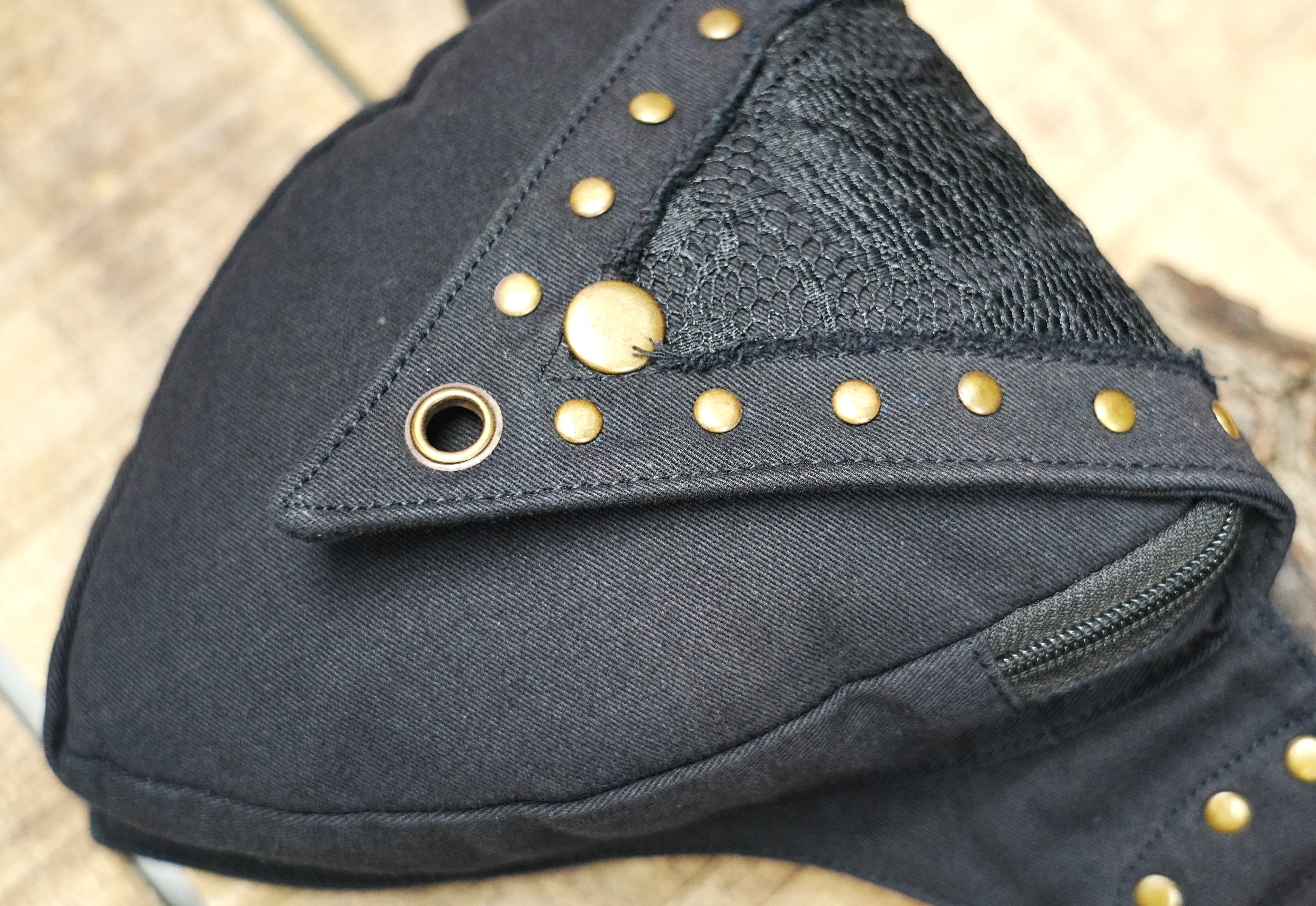 Canvas festival bum bag with zipper compartments and brass snap hardware