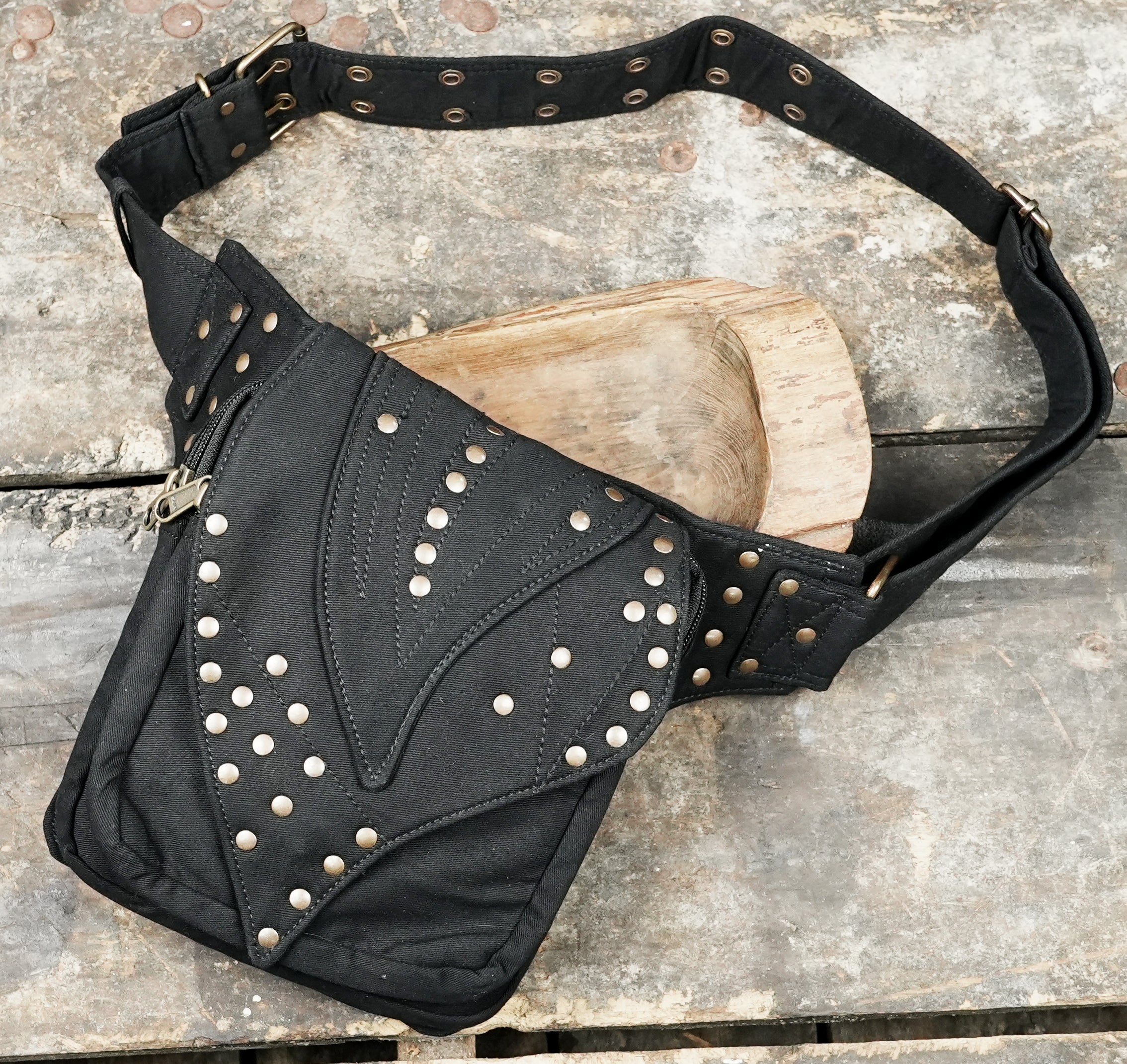 Fairy festival pocket belt with brass roller buckle and reinforced canvas strap