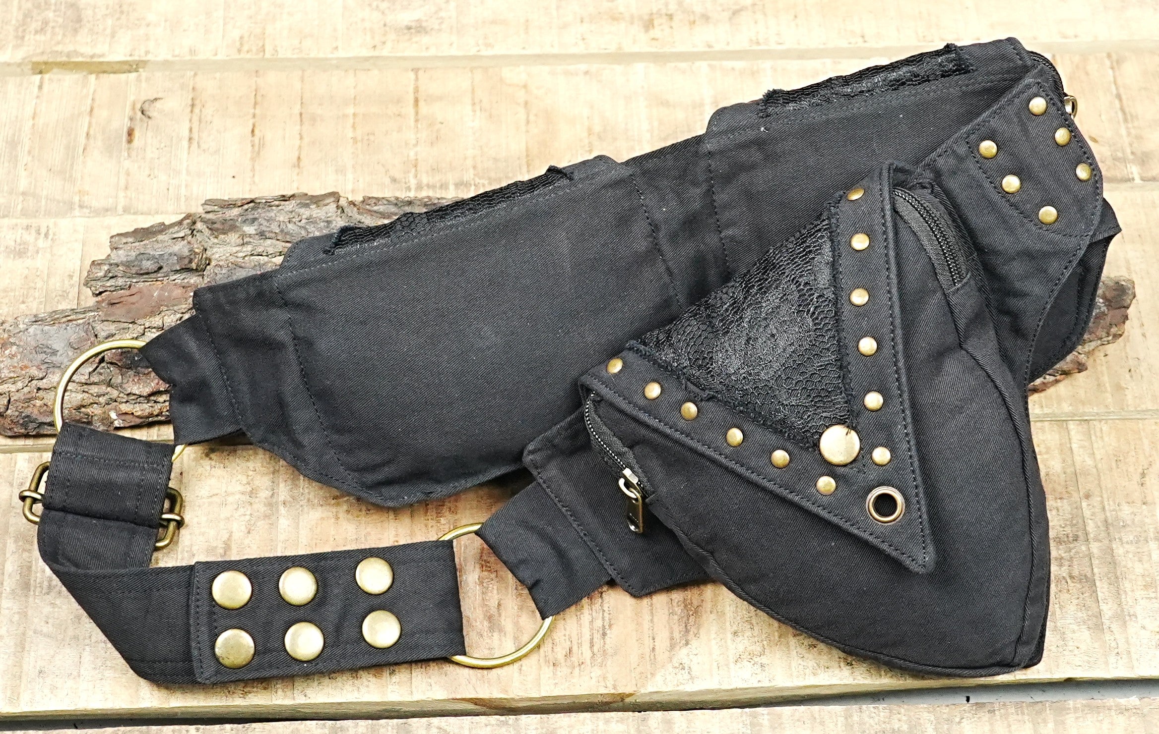 Bohemian festival utility belt with three zipper pouches and brass hardware