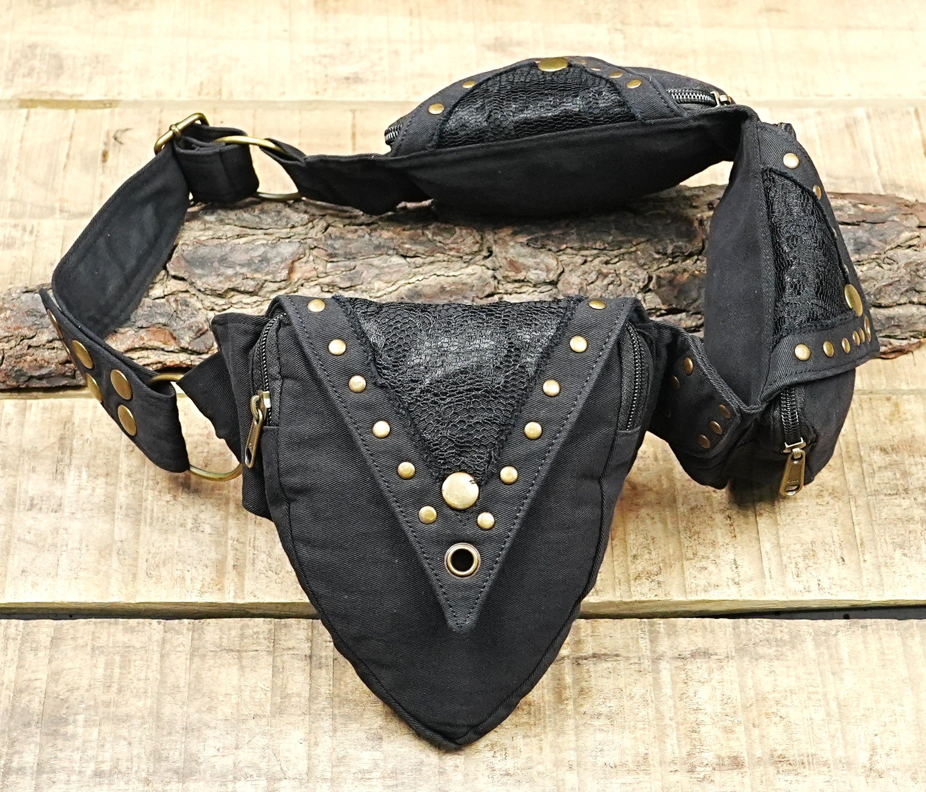 Unisex canvas hip bag with pointed flap pockets for rave and festival gear