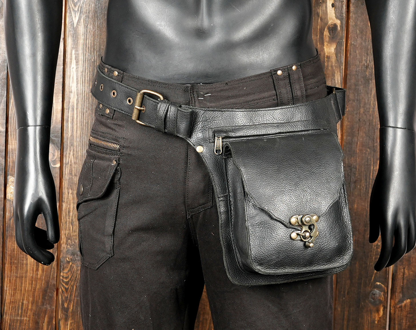 Black leather belt bag ideal for festivals, travel, or casual wear