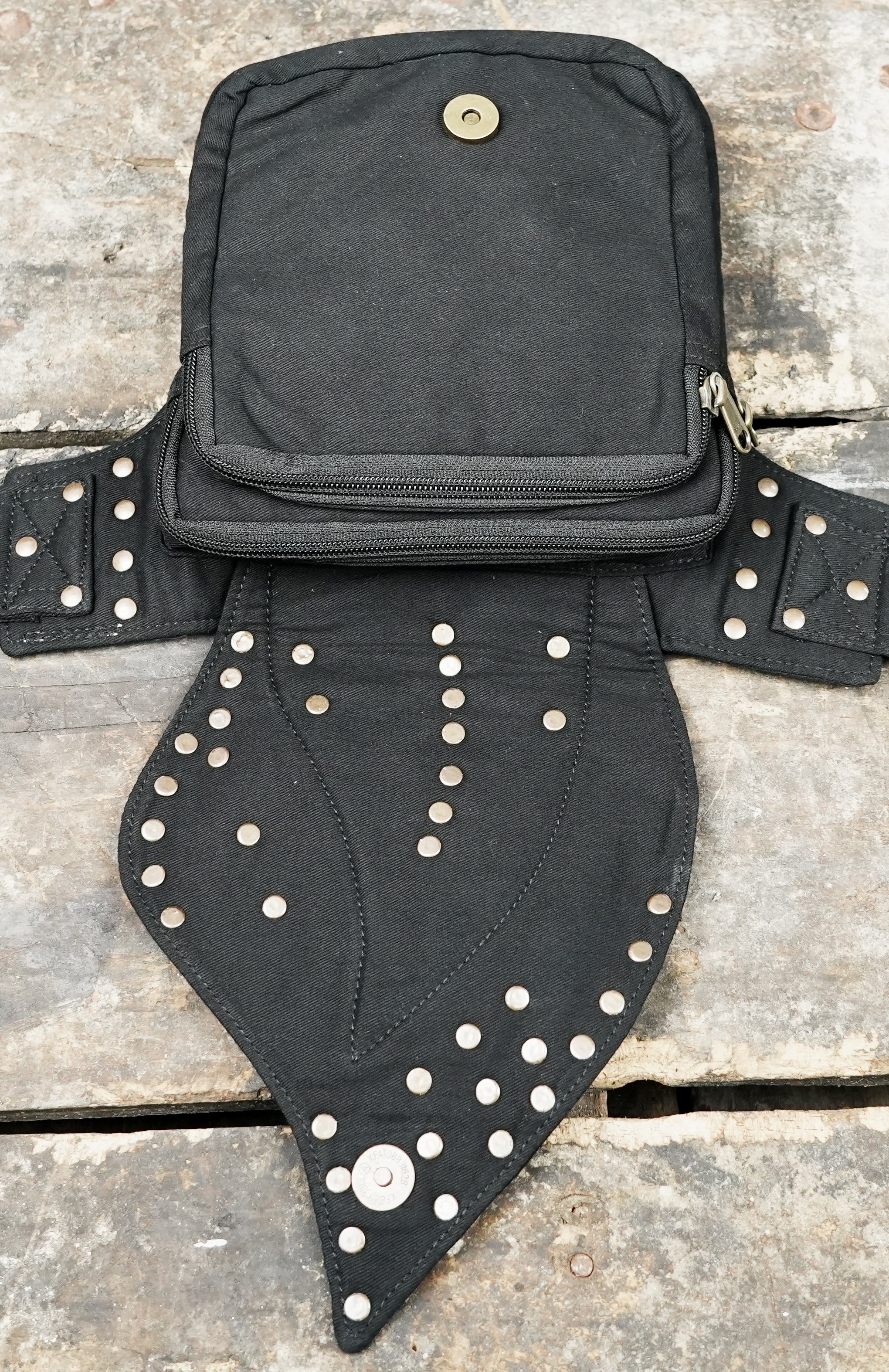 Renaissance fair hip pouch with studded leaf cut and secure zipper closure
