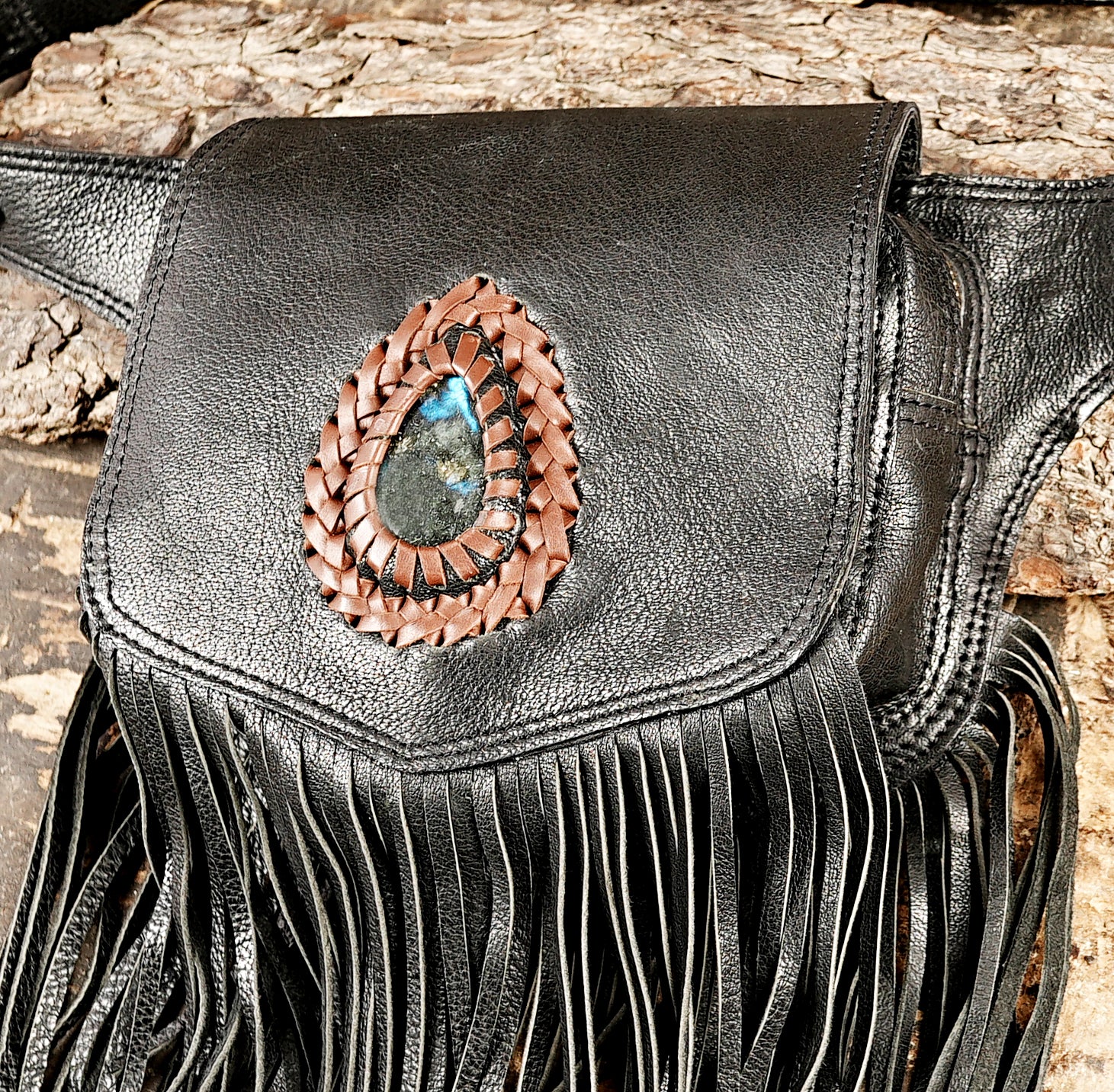 Boho leather waist belt with functional details