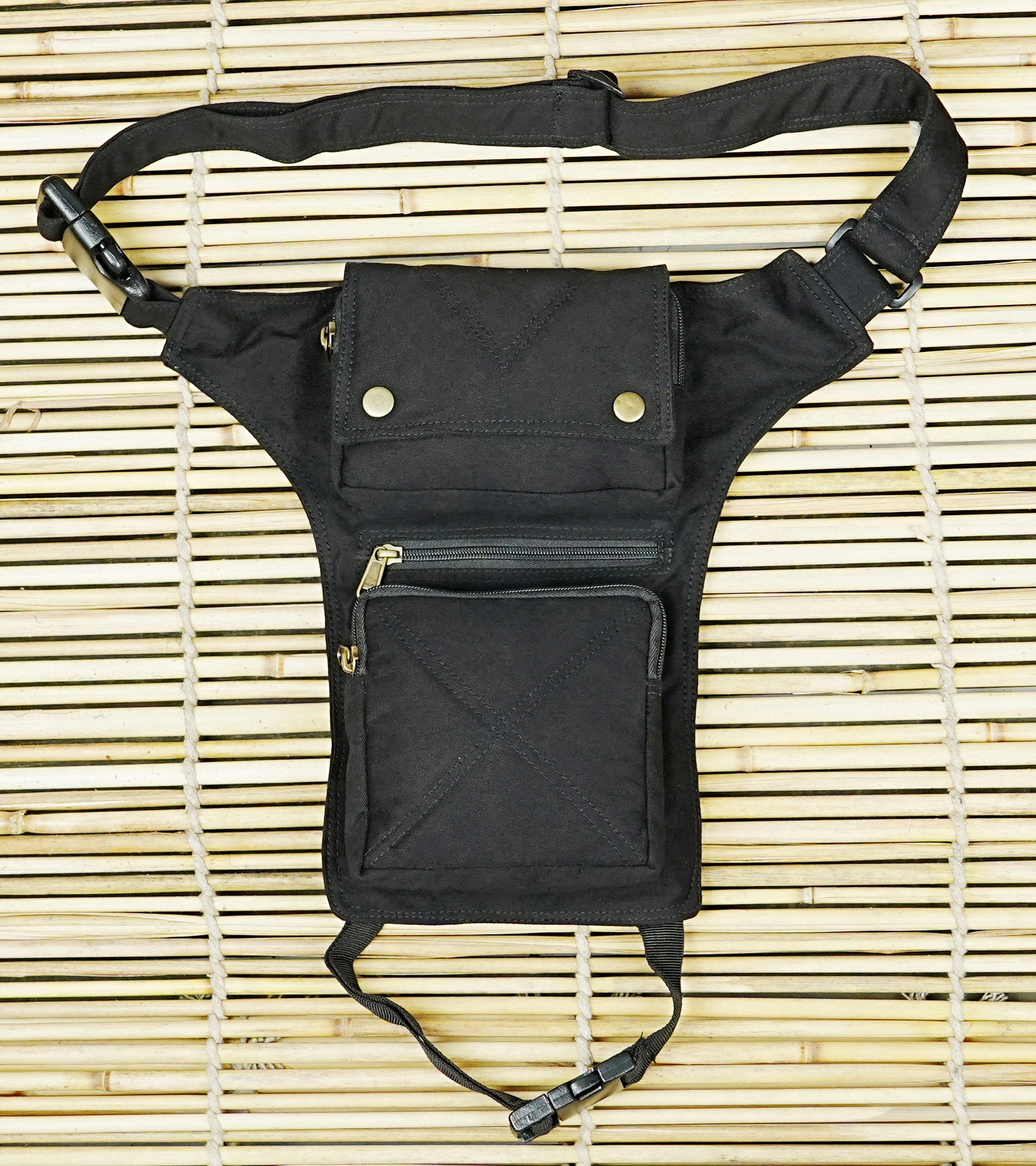Canvas leg bag with snap button and zipper pockets