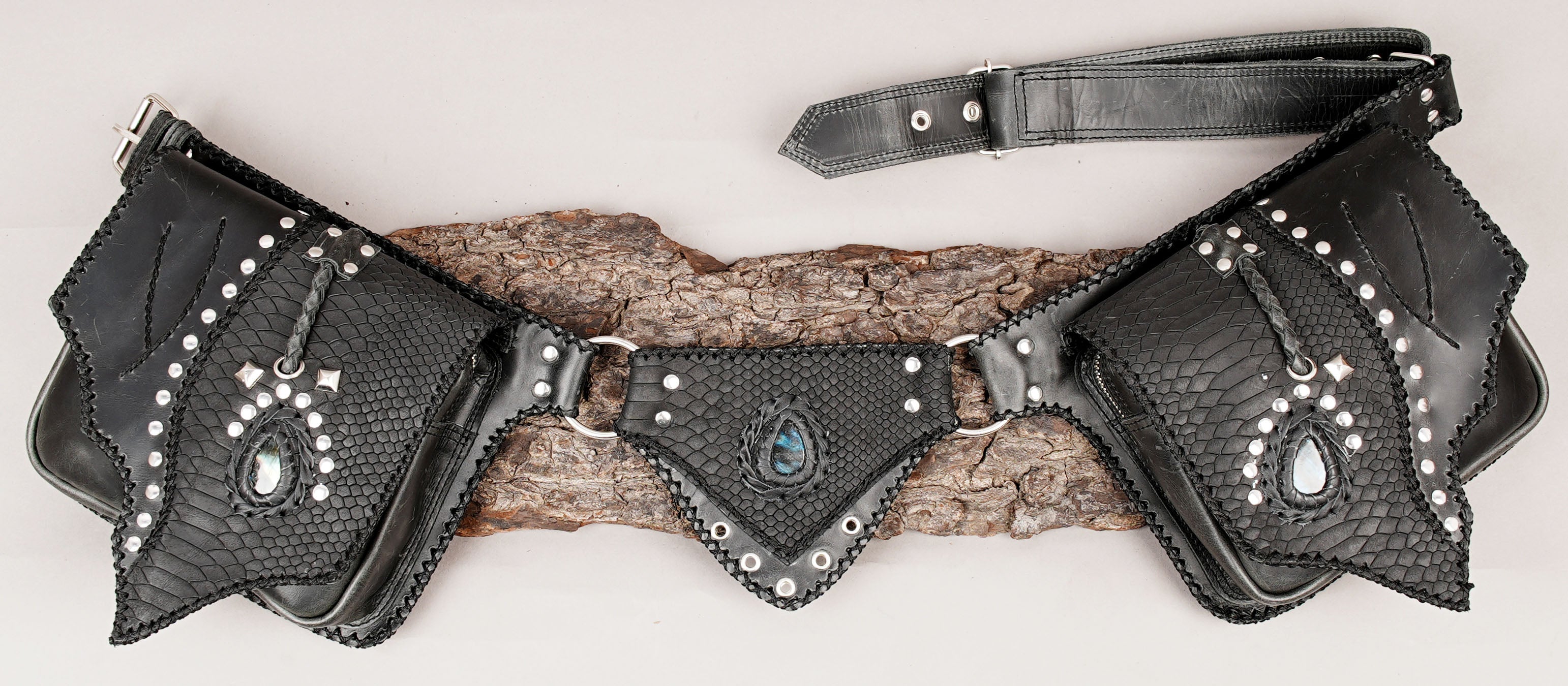 Black leather waist belt with dual gemstone pouches and center panel