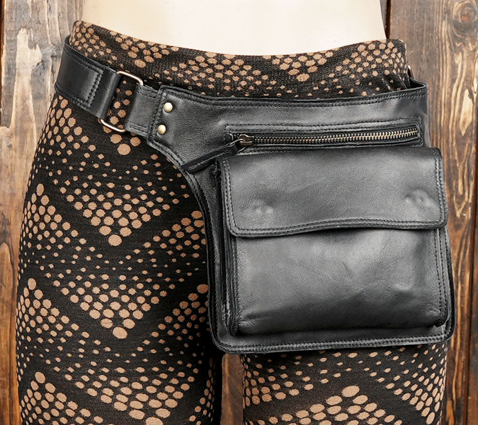 Handmade black leather belt bag for outdoor events and festivals