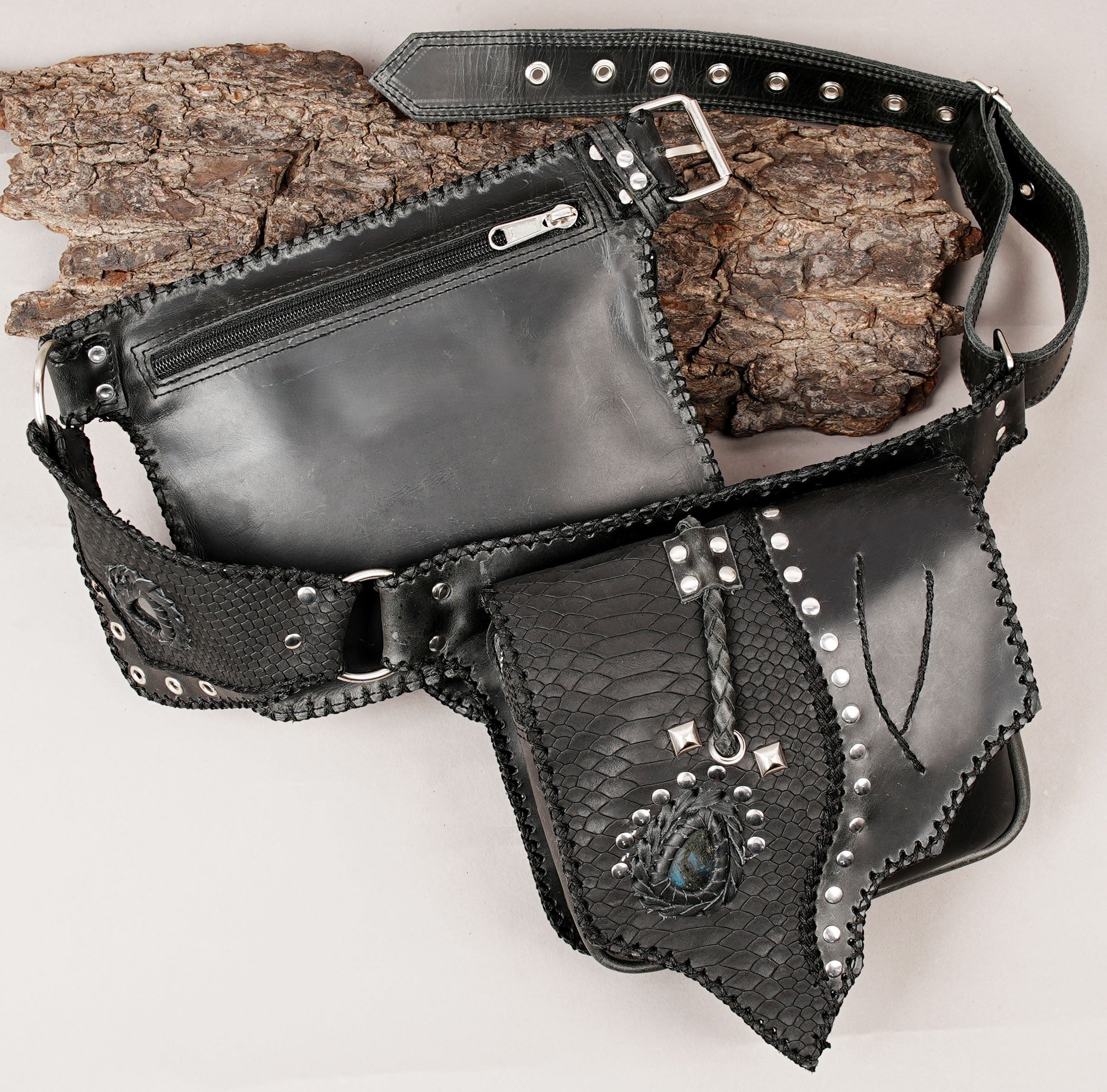 Leather waist belt bag with decorative gemstones and studs