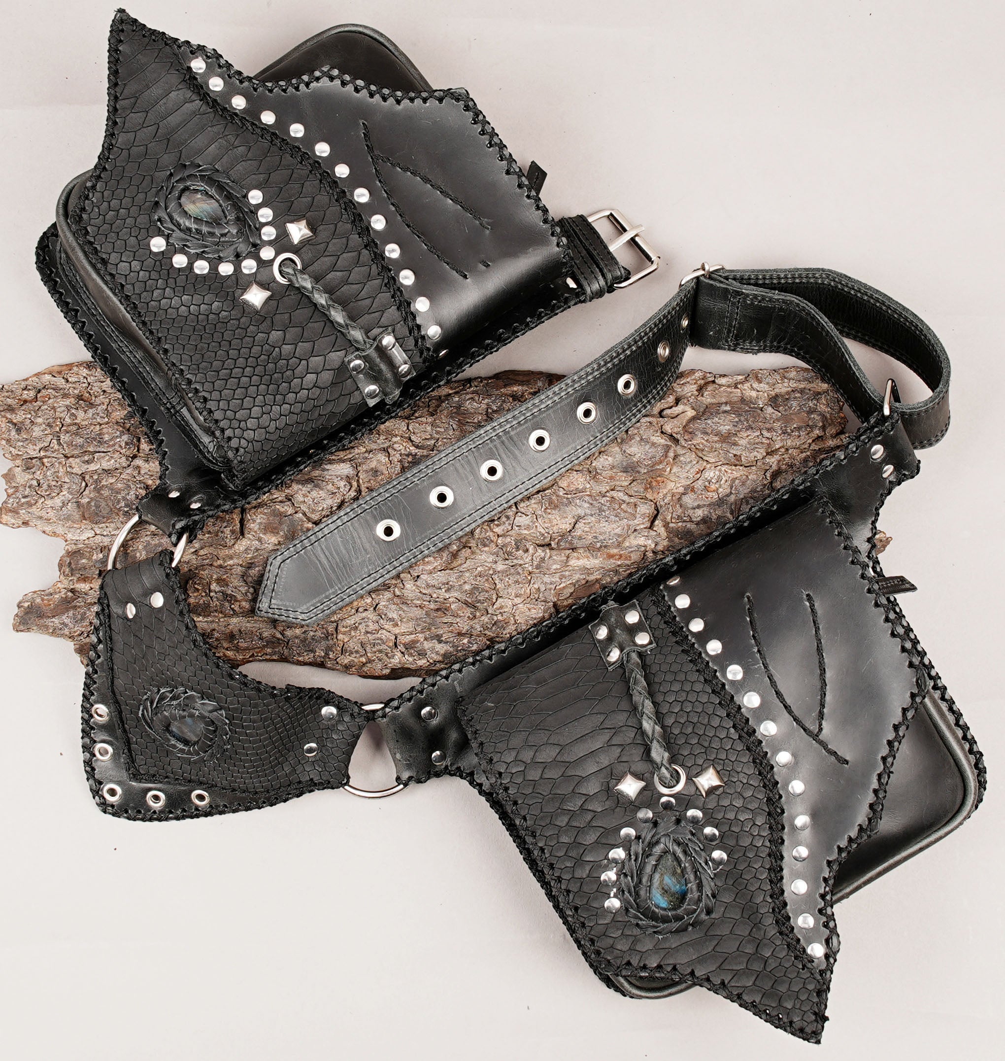 Handcrafted leather hip belt with textured leather panels