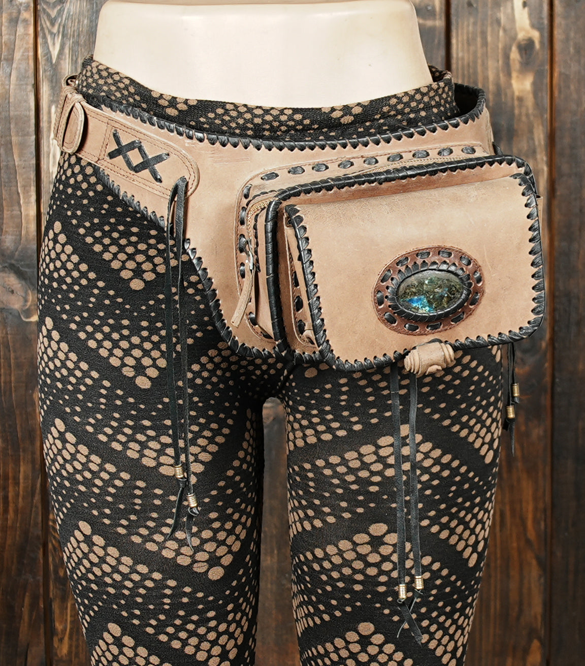 Handmade brown leather waist belt with flap pocket design