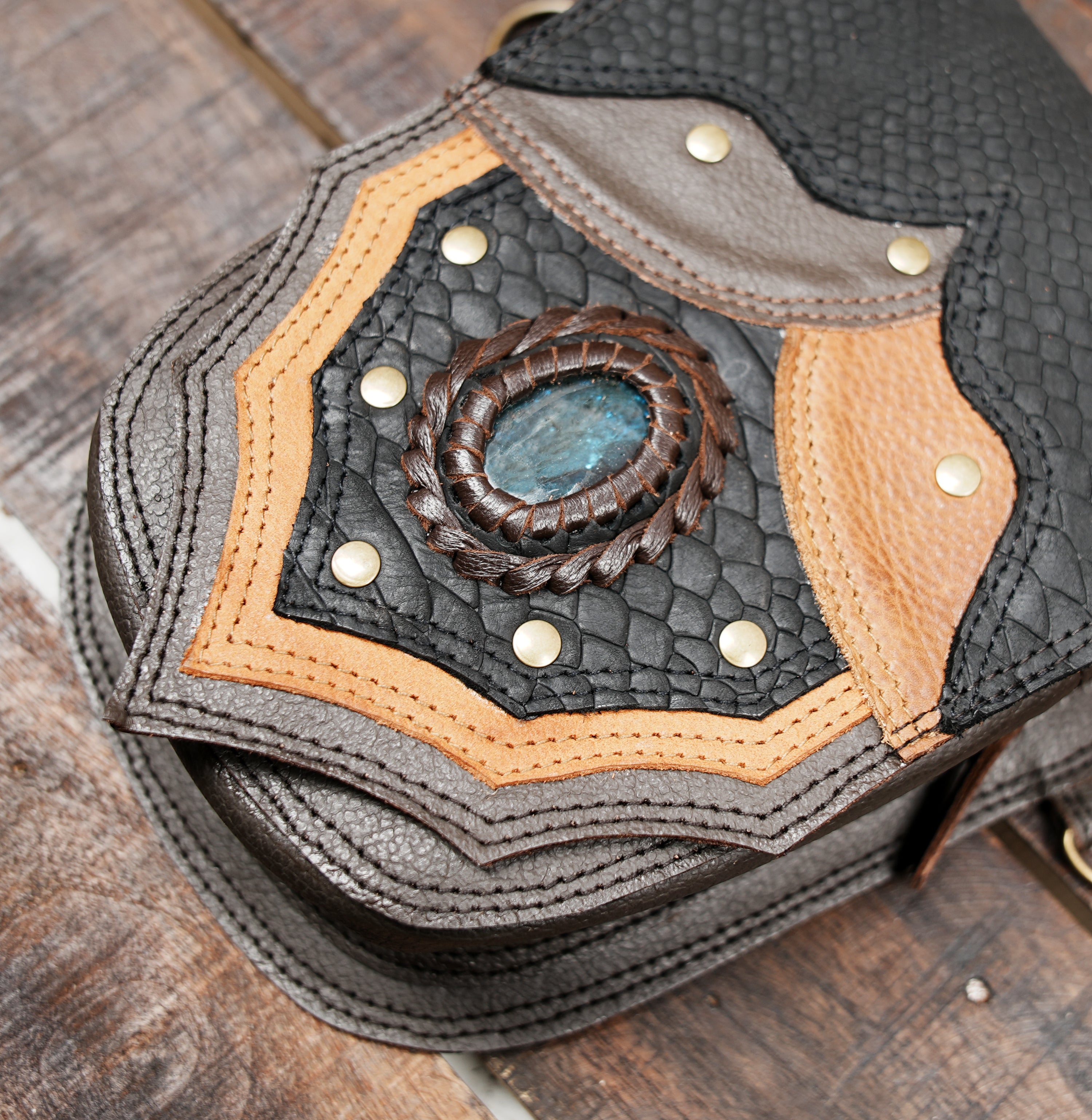 Handmade Leather Holster Belt with Dual Utility Pouches, Steampunk Festival Leather Harness Belt with Gemstone Design, Burning Man Holster