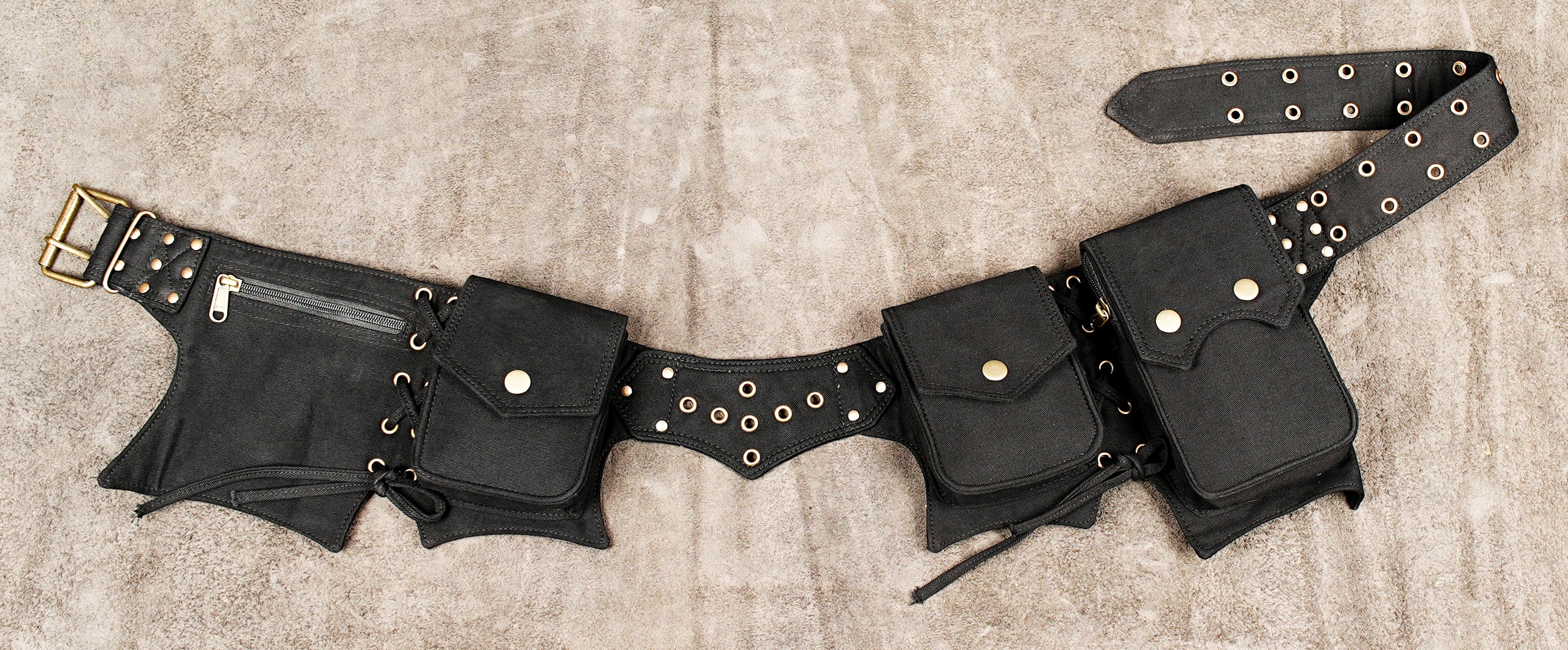Cotton utility waist belt with multiple attached pouches and antique brass-tone hardware
