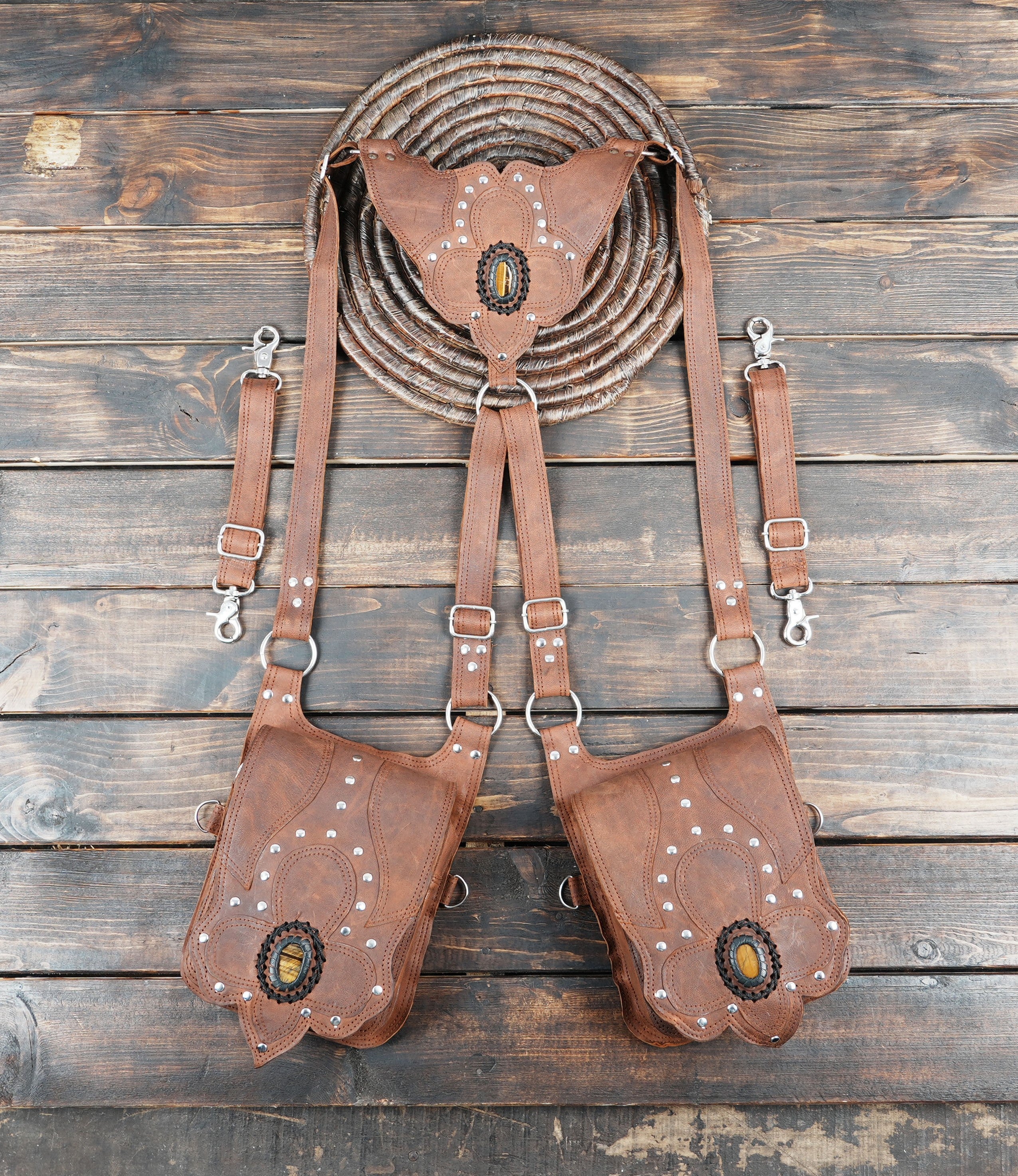 Handmade brown leather holster bag with two detachable pouches and metal studs