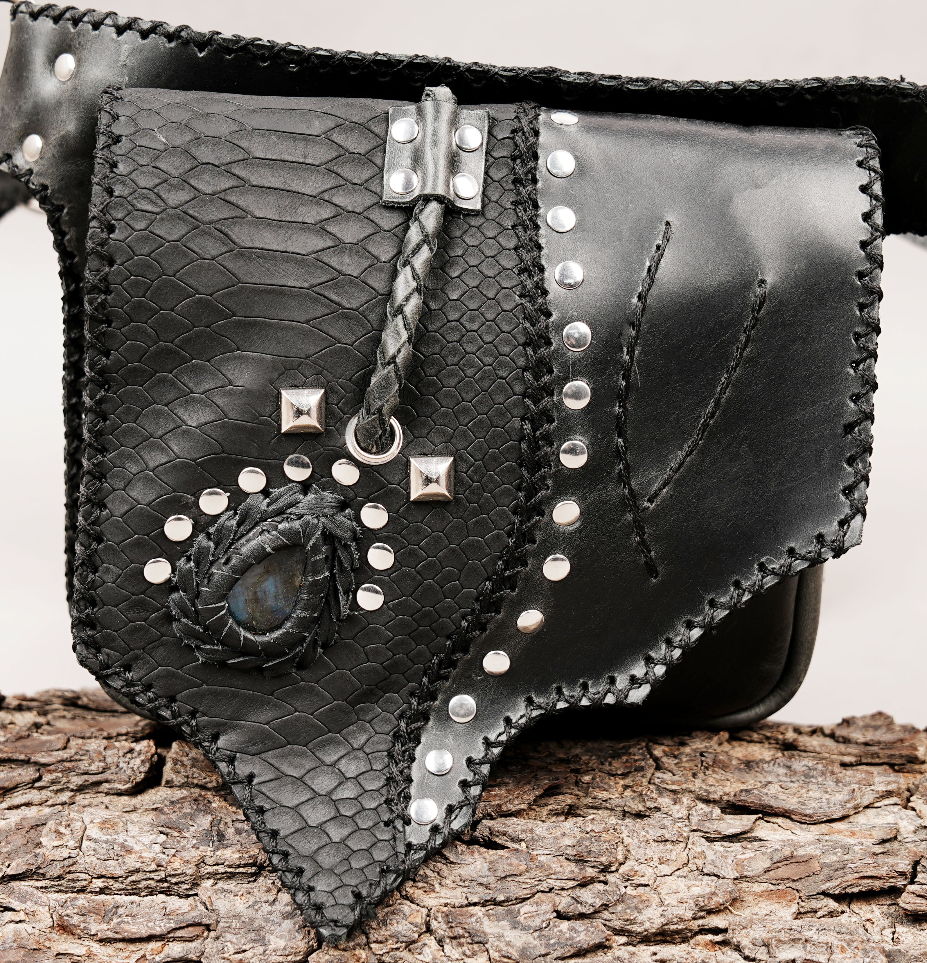 Leather waist belt bag with dual side pouches and center pocket