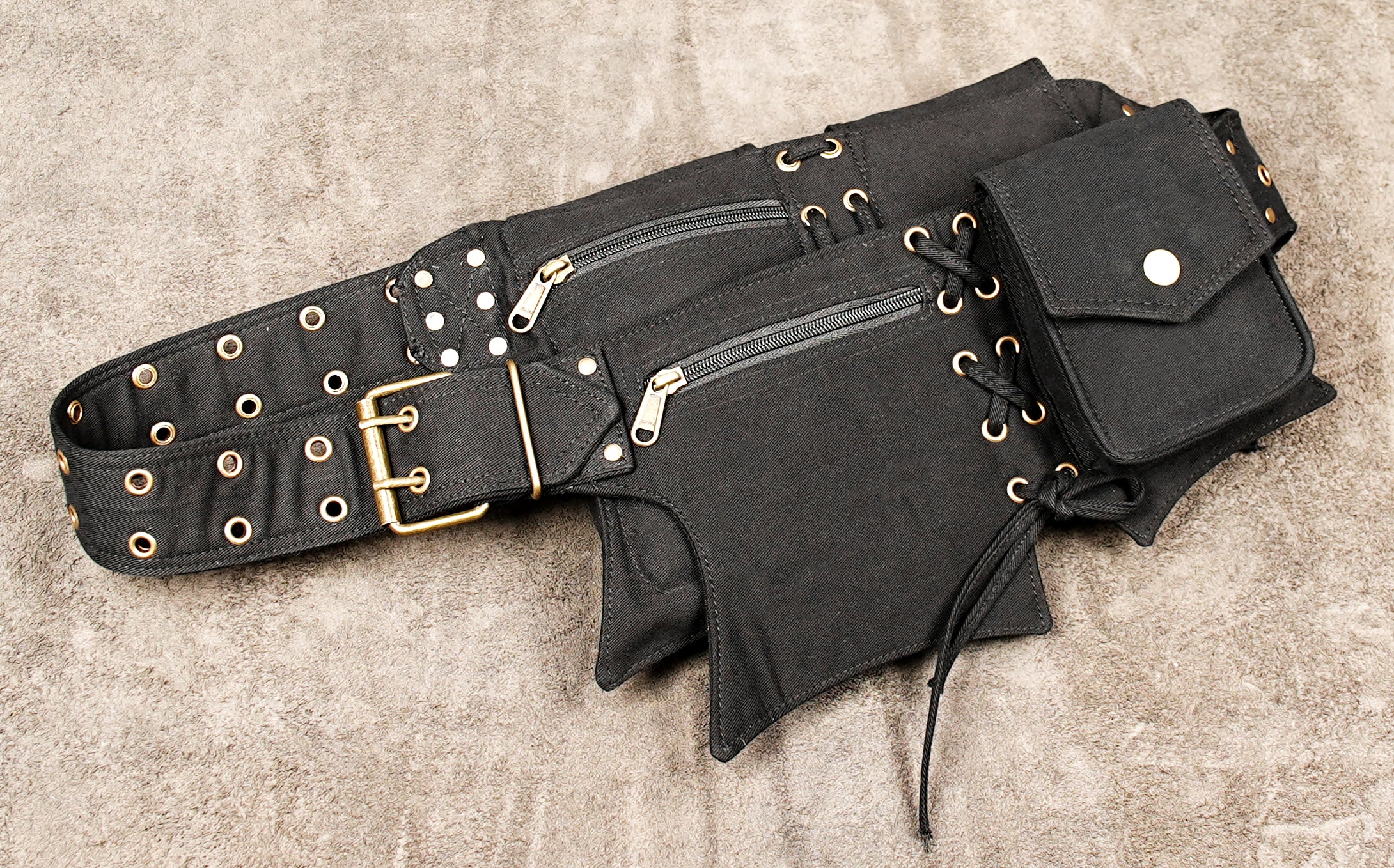 Festival hip belt made from cotton with multiple pouches and decorative antique brass-tone details