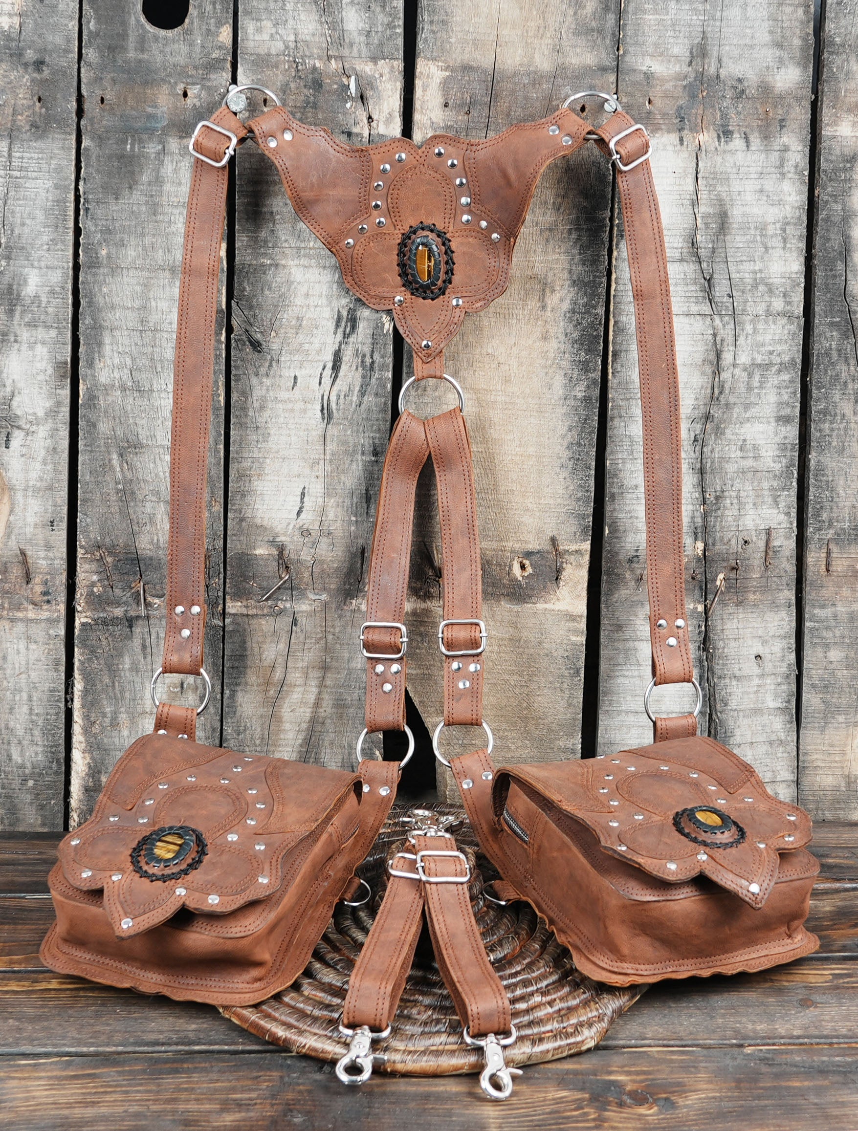Rustic Leather Holster Bag, Travel Rustic Outdoor Holster, Double Phone Storage Bag, Genuine Leather Harness Bag with steel metal 