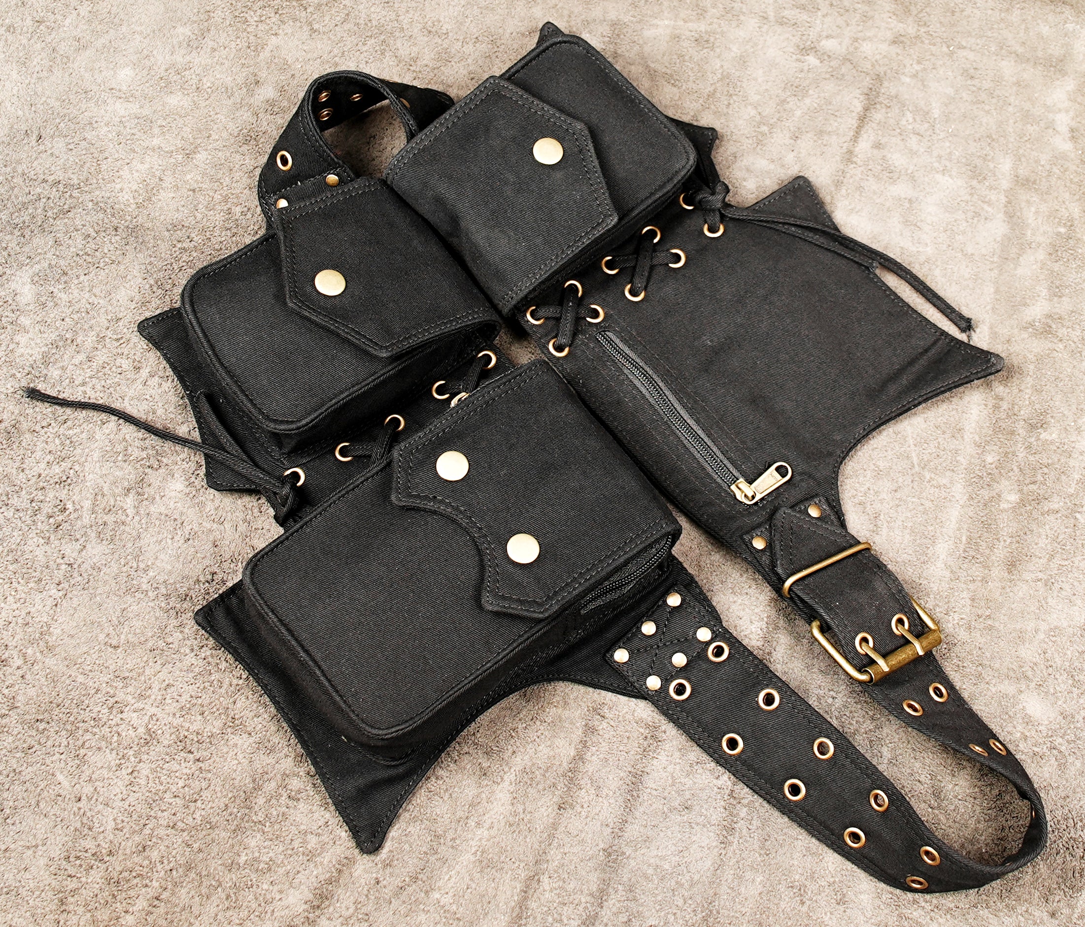Multi-pouch waist belt for cosplay, festivals and outdoor use with adjustable cotton strap