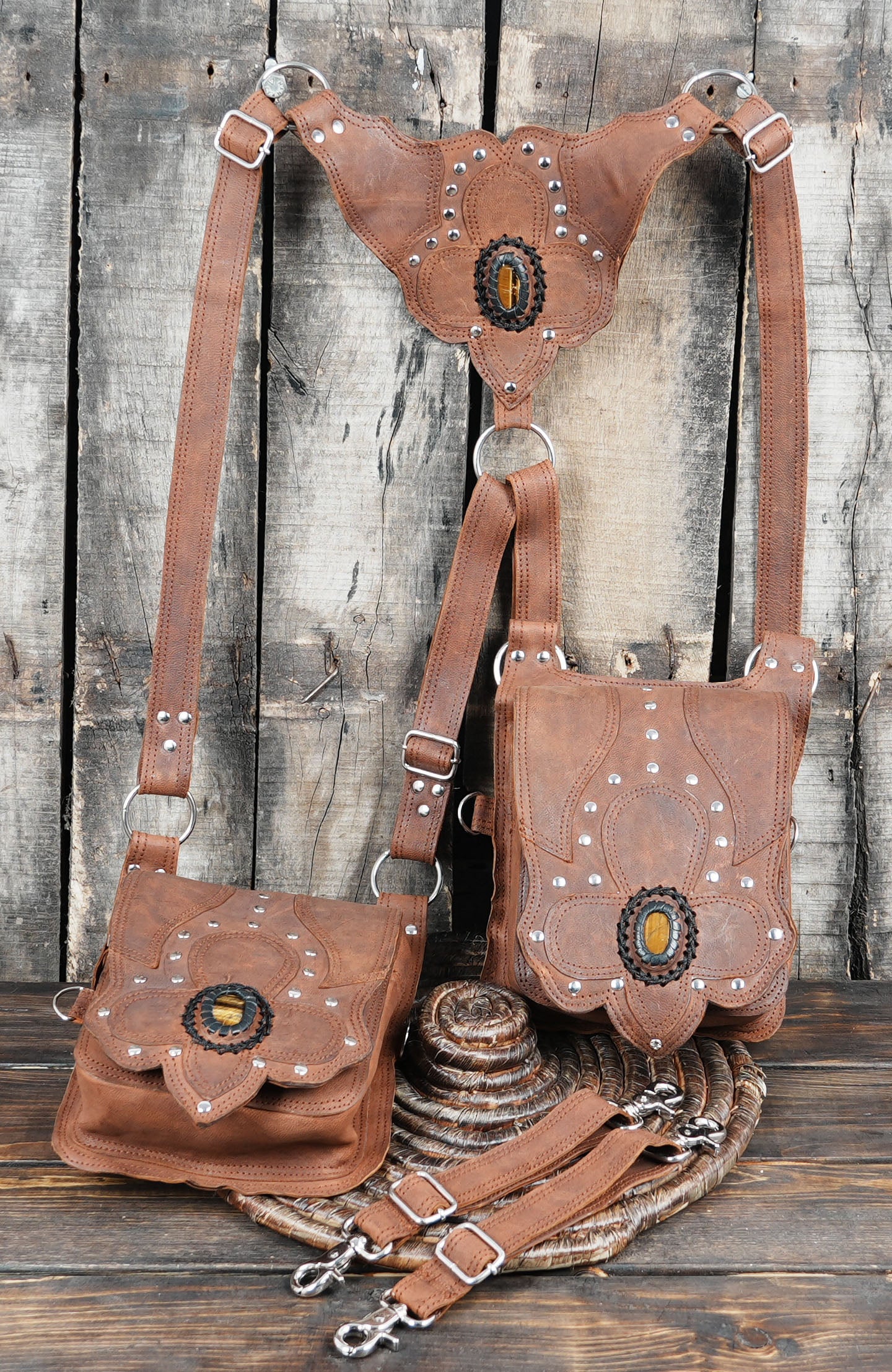 Genuine Leather Harness Belt with Blue Gemstone, Festival Style Beige Leather Holster with Gemstone Work, Boho Fashion Leather Holster with gemstone 