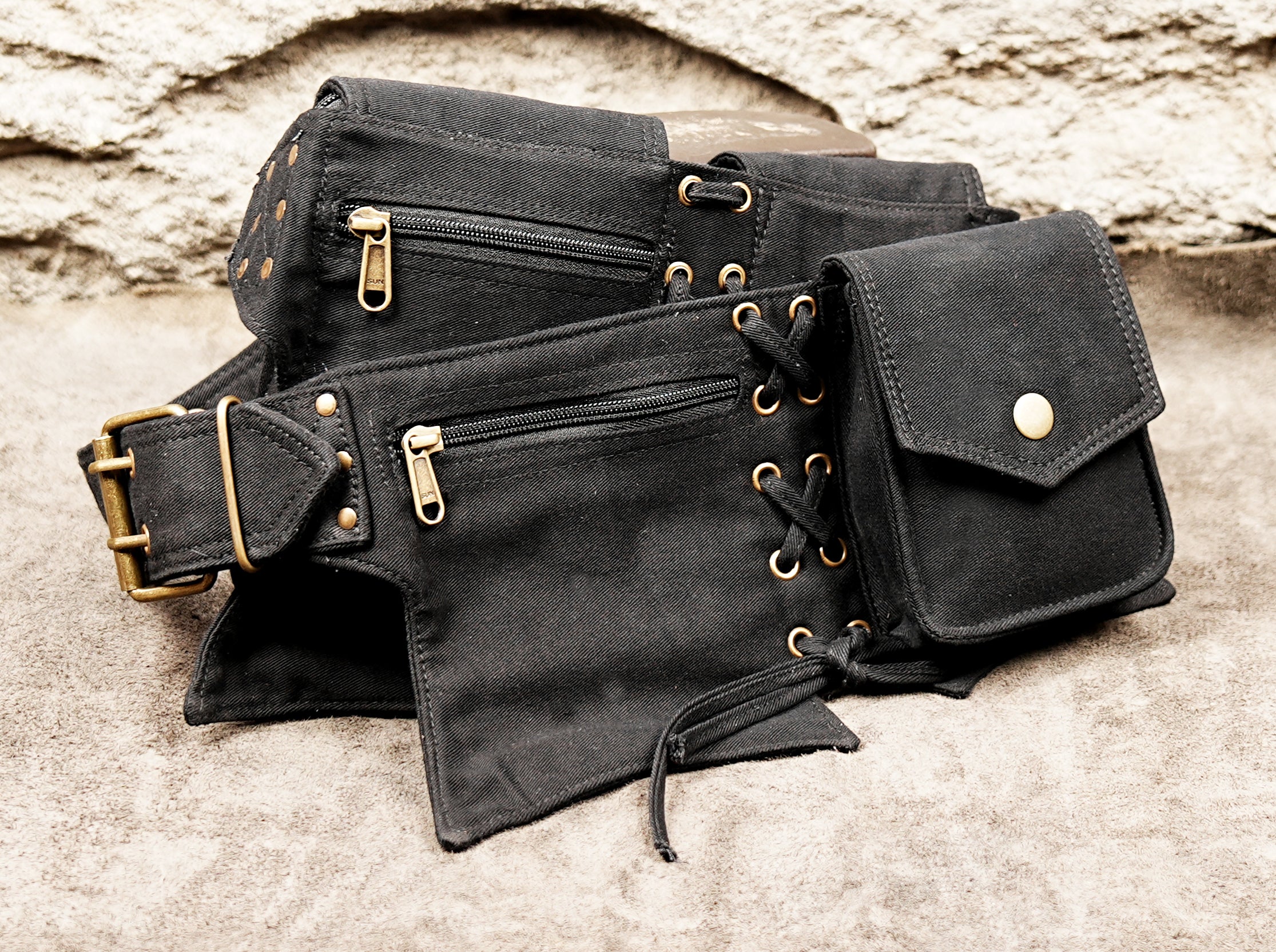 Unisex cotton waist belt with multiple practical pouches and antique brass-tone metal hardware