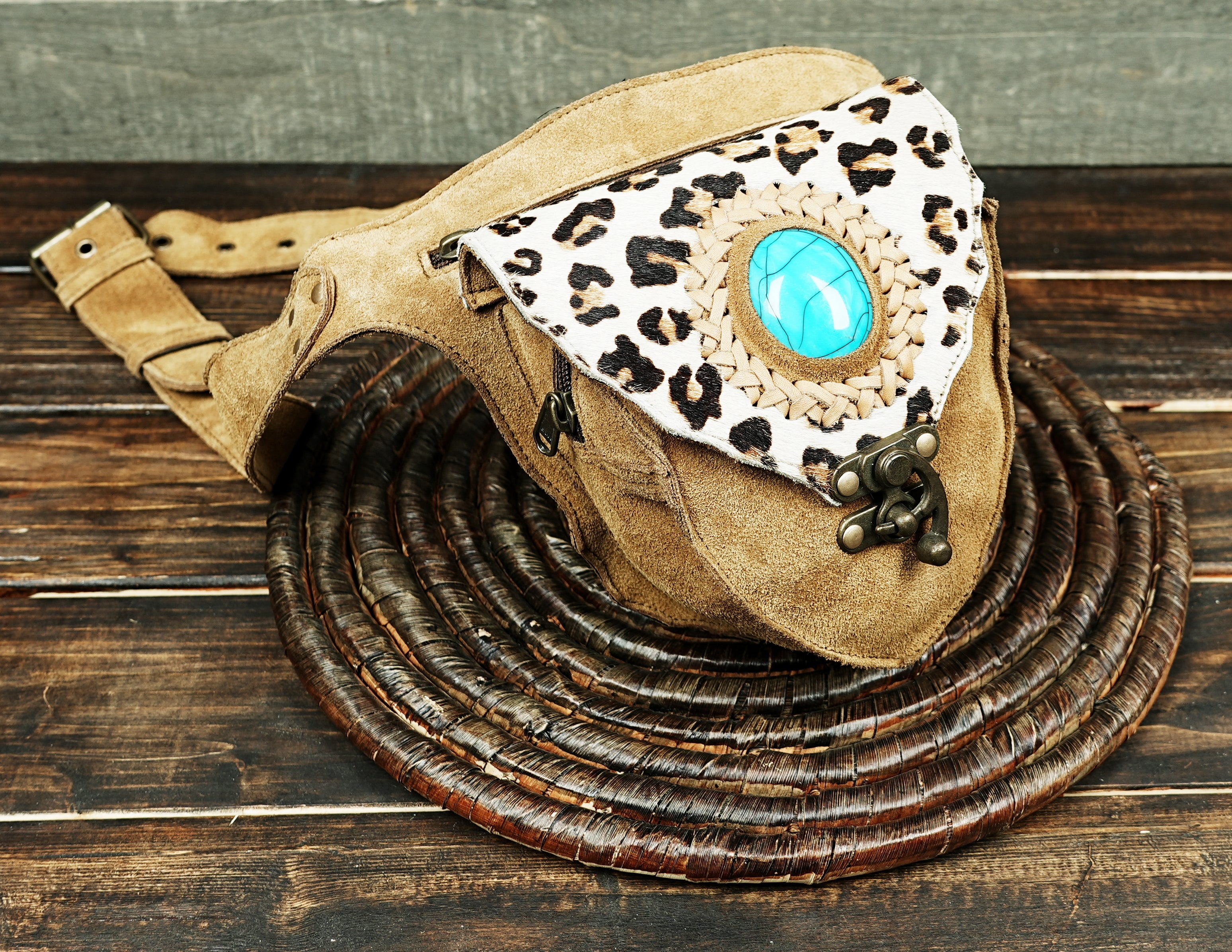 Leather waist belt with turquoise gemstone and decorative stitching
