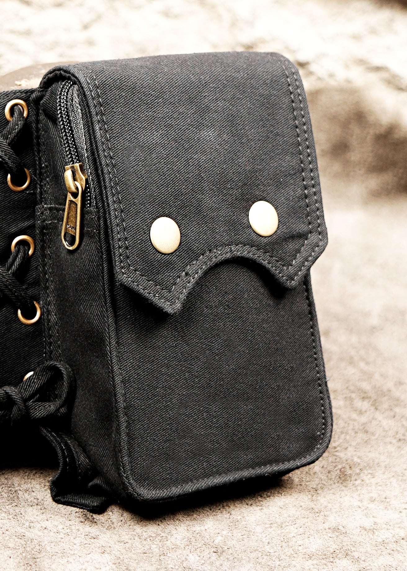 Multi-pocket utility belt made from cotton fabric with antique brass-tone buckle and hardware