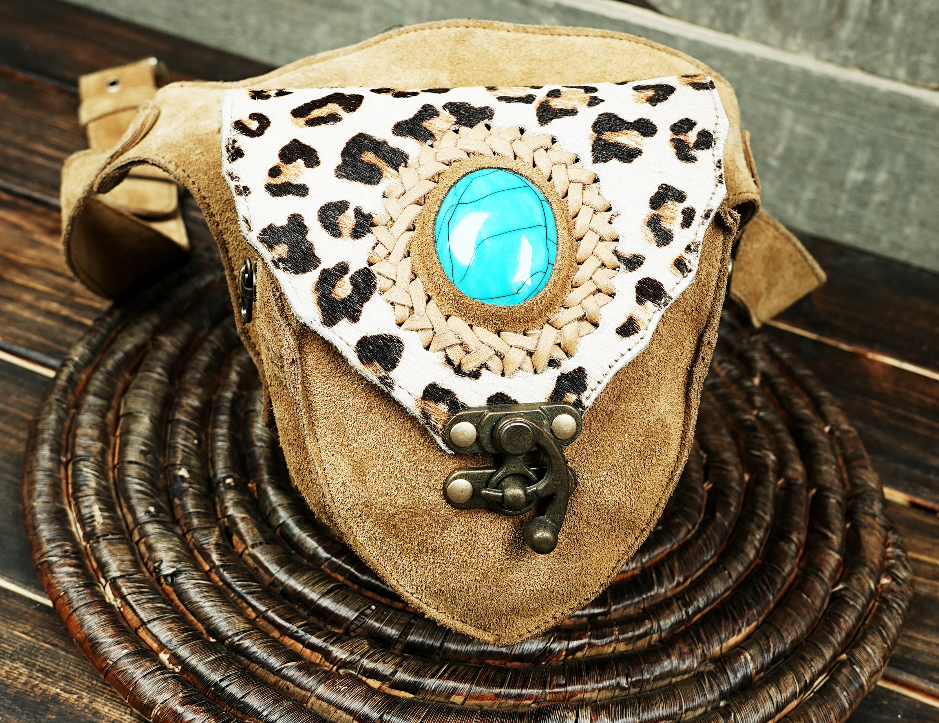 Festival ready suede leather waist belt with stone accent